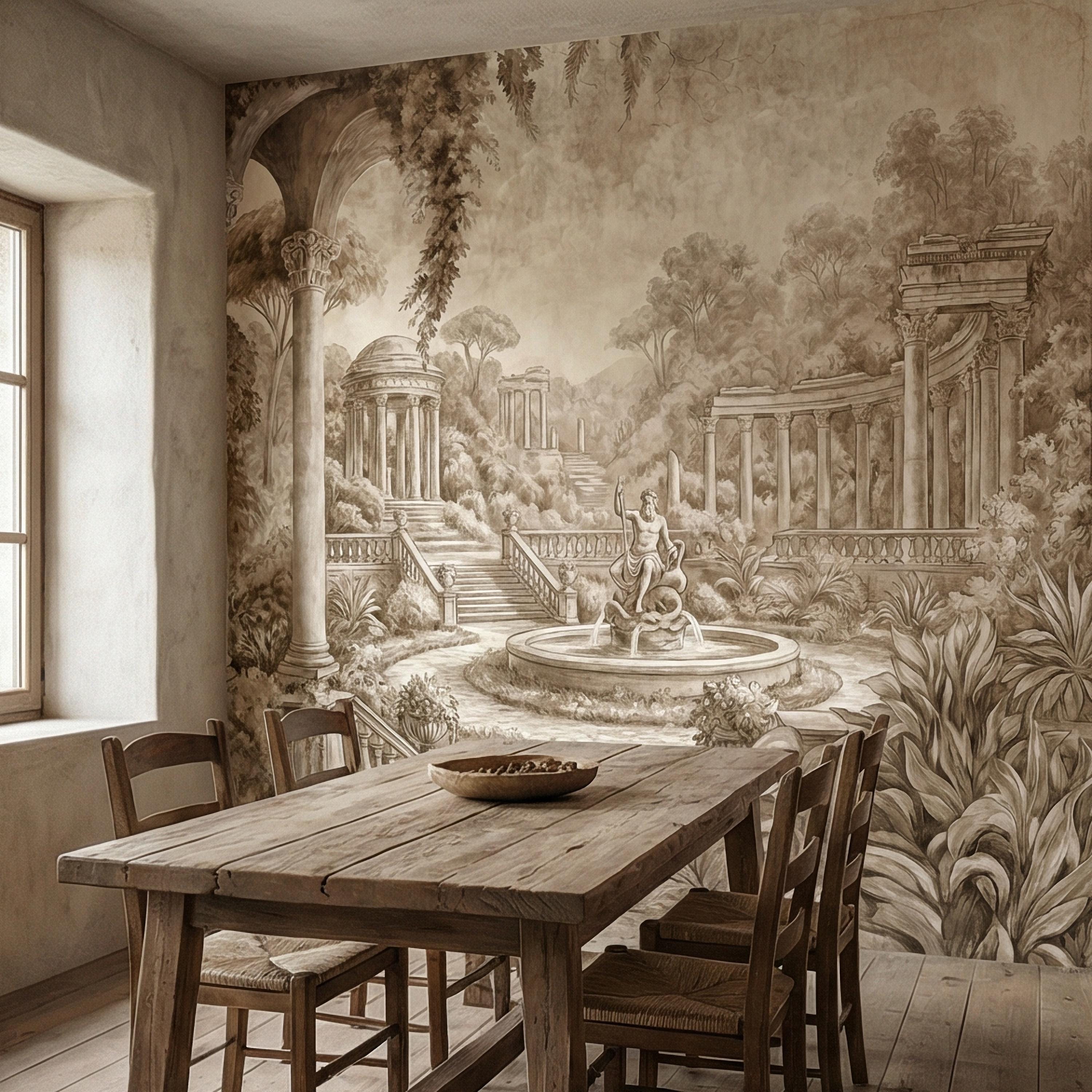 Classical Garden Peel and Stick Wall Mural, Antique Roman Fountain Landscape, Neutral Old World Architectural Wallpaper