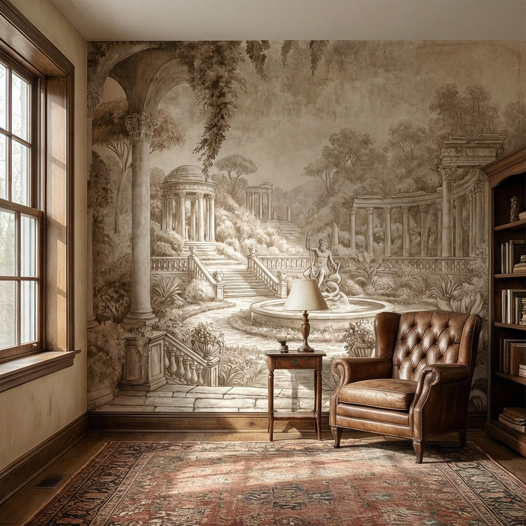 Classical Garden Peel and Stick Wall Mural, Antique Roman Fountain Landscape, Neutral Old World Architectural Wallpaper