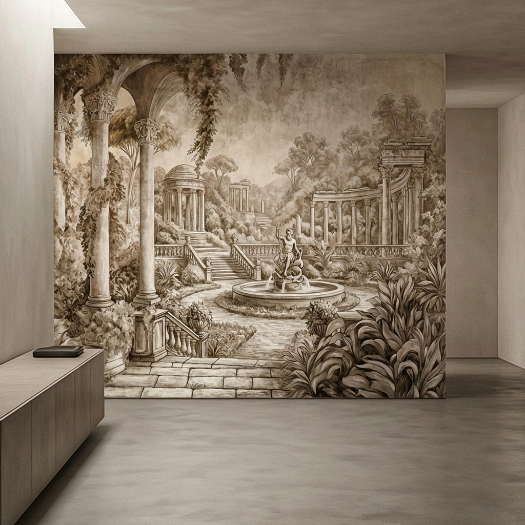 Classical Garden Peel and Stick Wall Mural, Antique Roman Fountain Landscape, Neutral Old World Architectural Wallpaper
