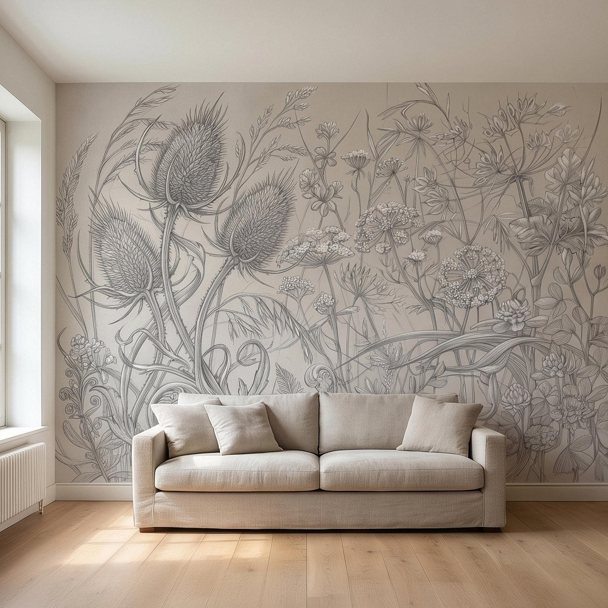 Vintage Botanical Wildflower Meadow Peel and Stick Wall Mural Neutral Beige Floral Sketch Thistle Fern Line Art Cottagecore Garden Wallpaper - The Fine Art Murals