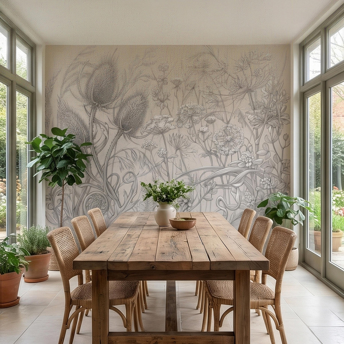 Vintage Botanical Wildflower Meadow Peel and Stick Wall Mural Neutral Beige Floral Sketch Thistle Fern Line Art Cottagecore Garden Wallpaper - The Fine Art Murals