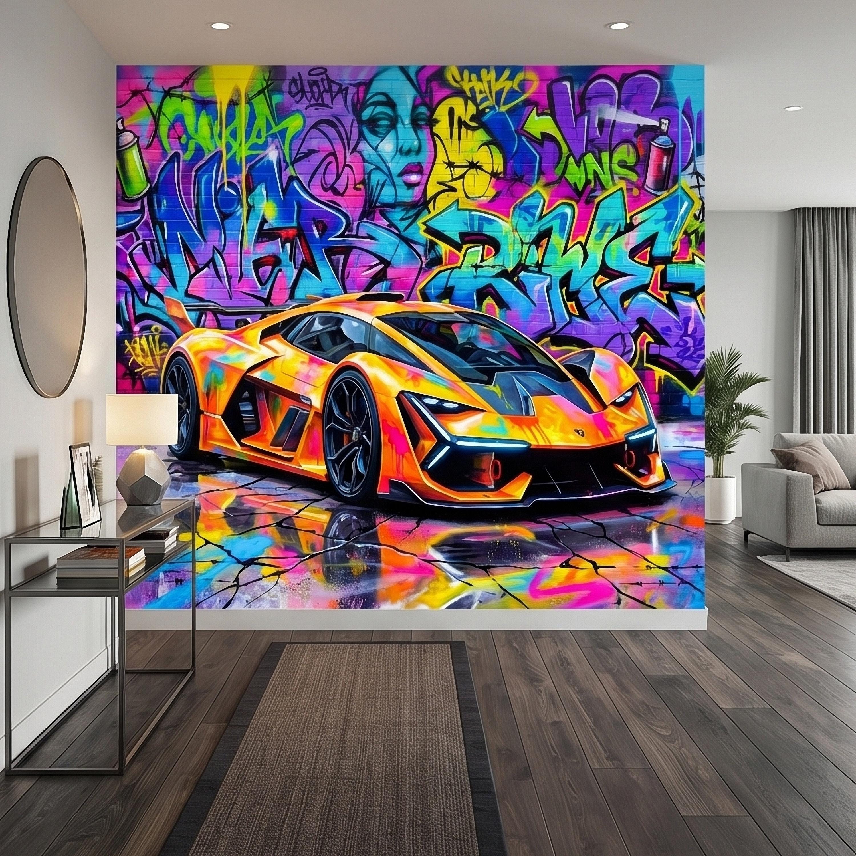 Neon Graffiti Exotic Supercar Street Art Peel and Stick Wall Mural, Colorful Urban Sports Car Raceway Illustration, Bold Modern Wallpaper