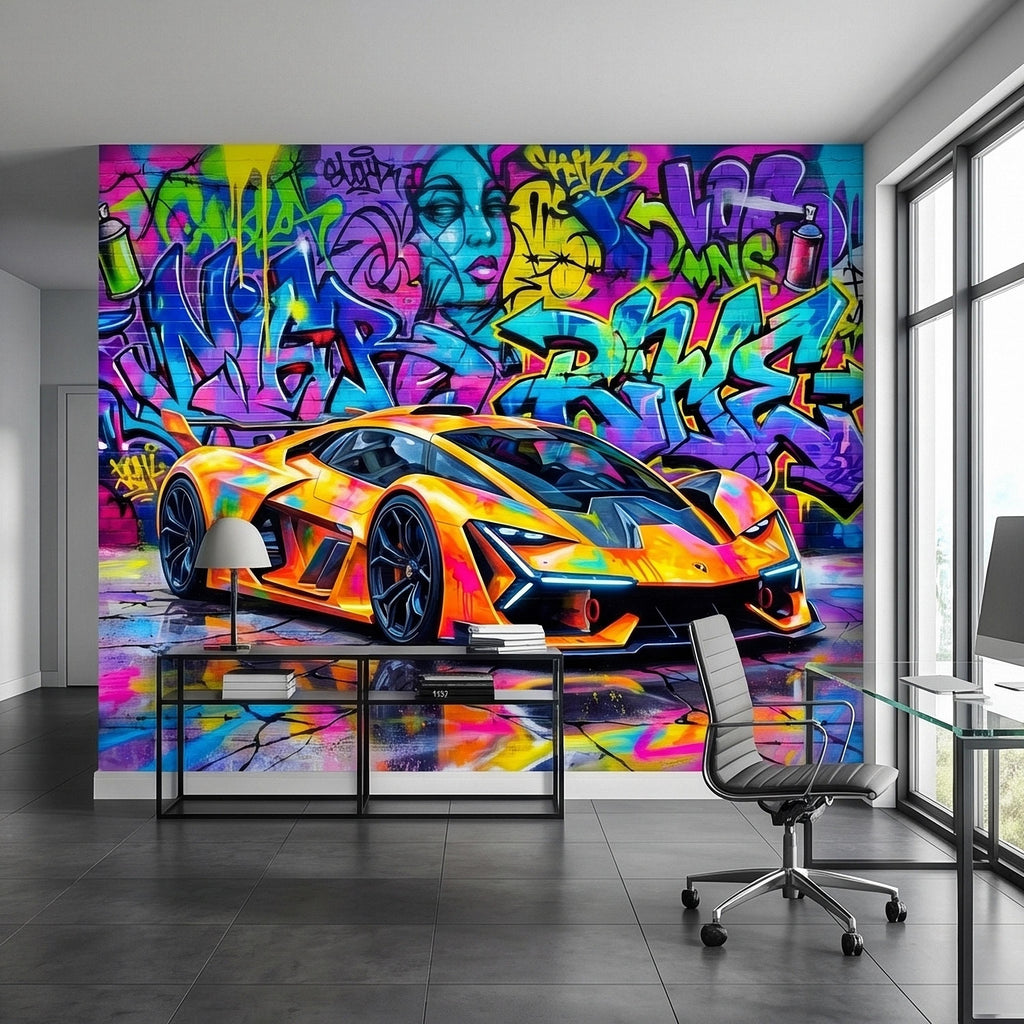 Neon Graffiti Exotic Supercar Street Art Peel and Stick Wall Mural, Colorful Urban Sports Car Raceway Illustration, Bold Modern Wallpaper