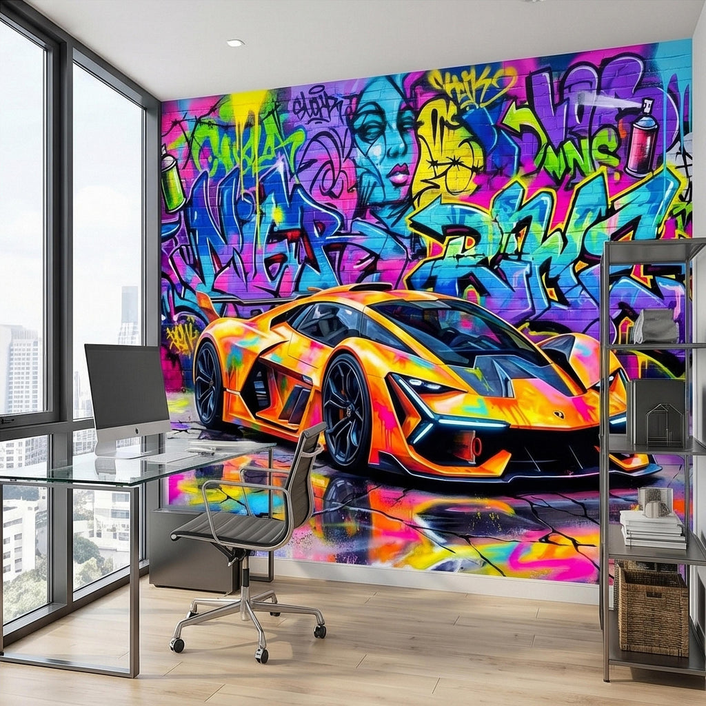 Neon Graffiti Exotic Supercar Street Art Peel and Stick Wall Mural, Colorful Urban Sports Car Raceway Illustration, Bold Modern Wallpaper