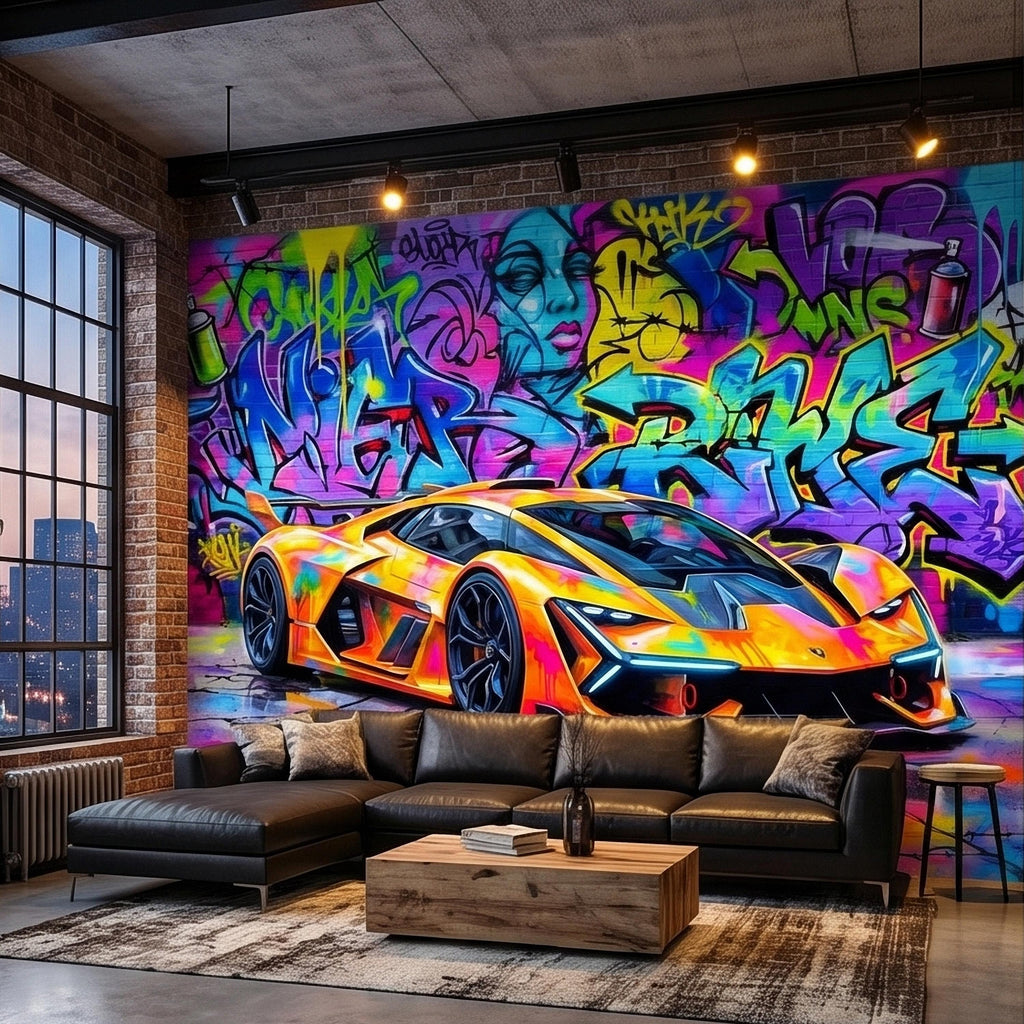 Neon Graffiti Exotic Supercar Street Art Peel and Stick Wall Mural, Colorful Urban Sports Car Raceway Illustration, Bold Modern Wallpaper