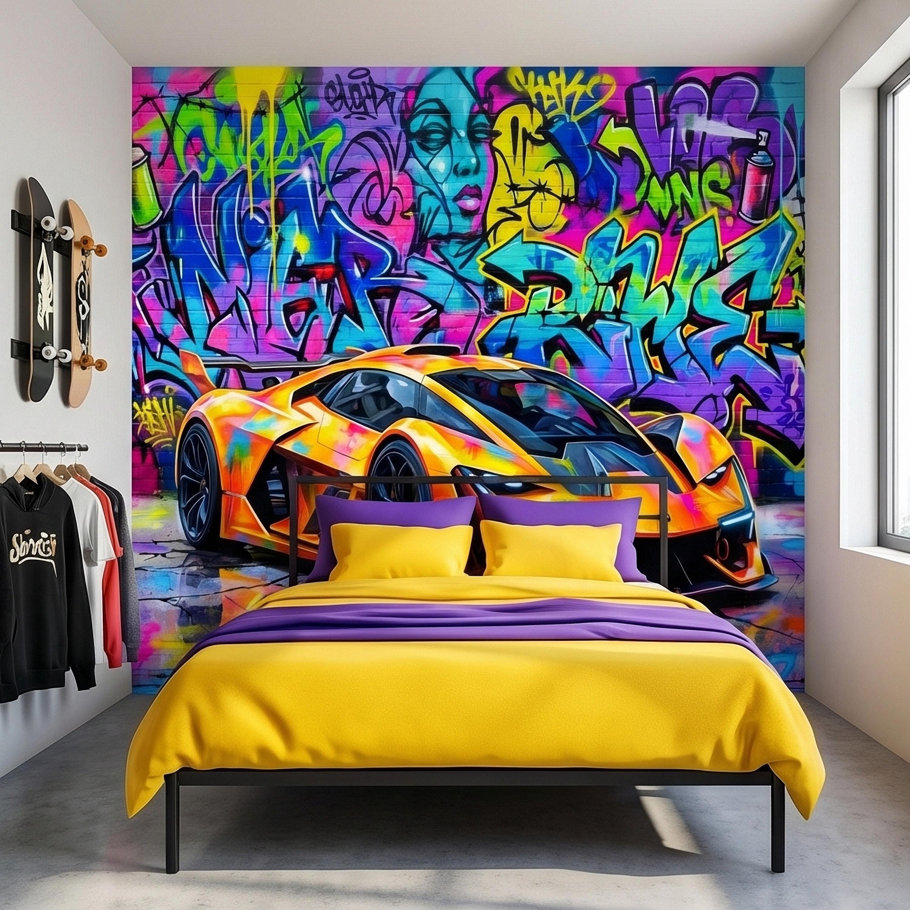 Neon Graffiti Exotic Supercar Street Art Peel and Stick Wall Mural, Colorful Urban Sports Car Raceway Illustration, Bold Modern Wallpaper