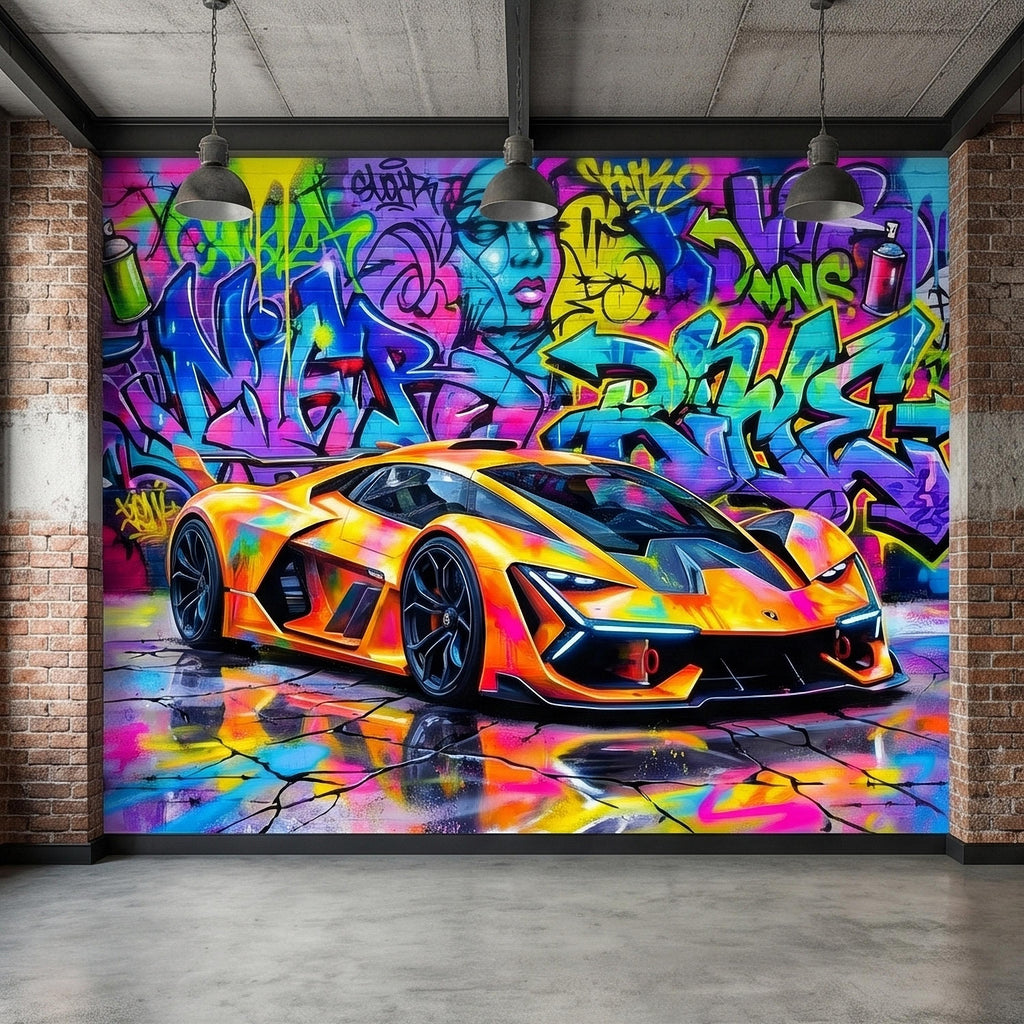 Neon Graffiti Exotic Supercar Street Art Peel and Stick Wall Mural, Colorful Urban Sports Car Raceway Illustration, Bold Modern Wallpaper