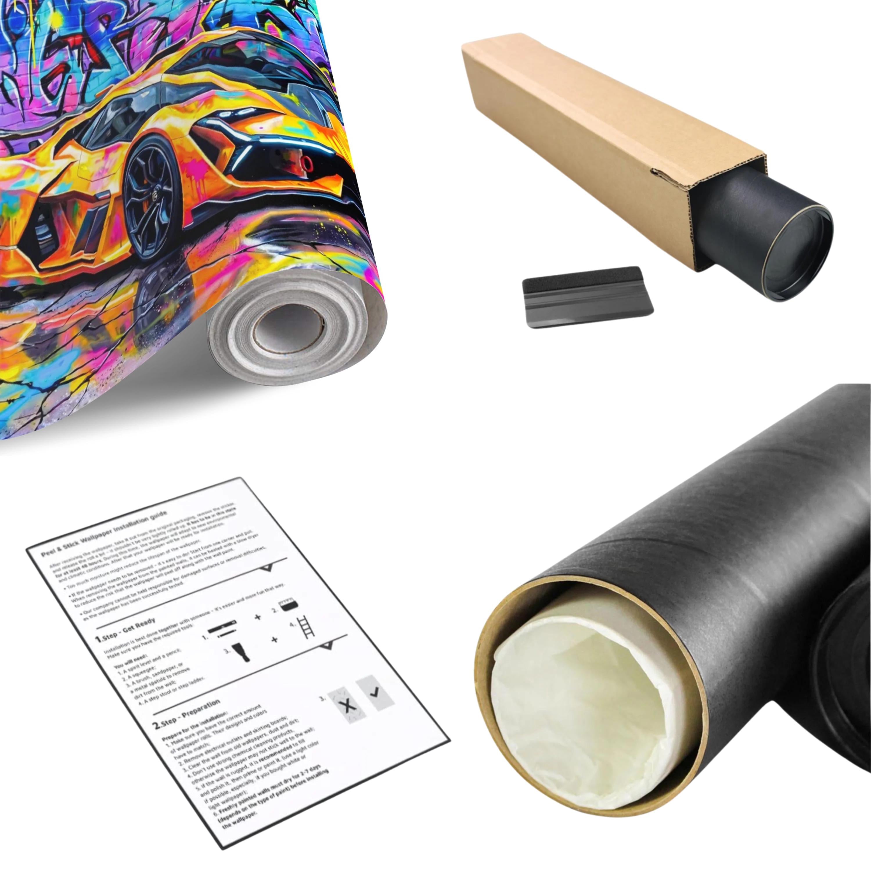 Neon Graffiti Exotic Supercar Street Art Peel and Stick Wall Mural, Colorful Urban Sports Car Raceway Illustration, Bold Modern Wallpaper