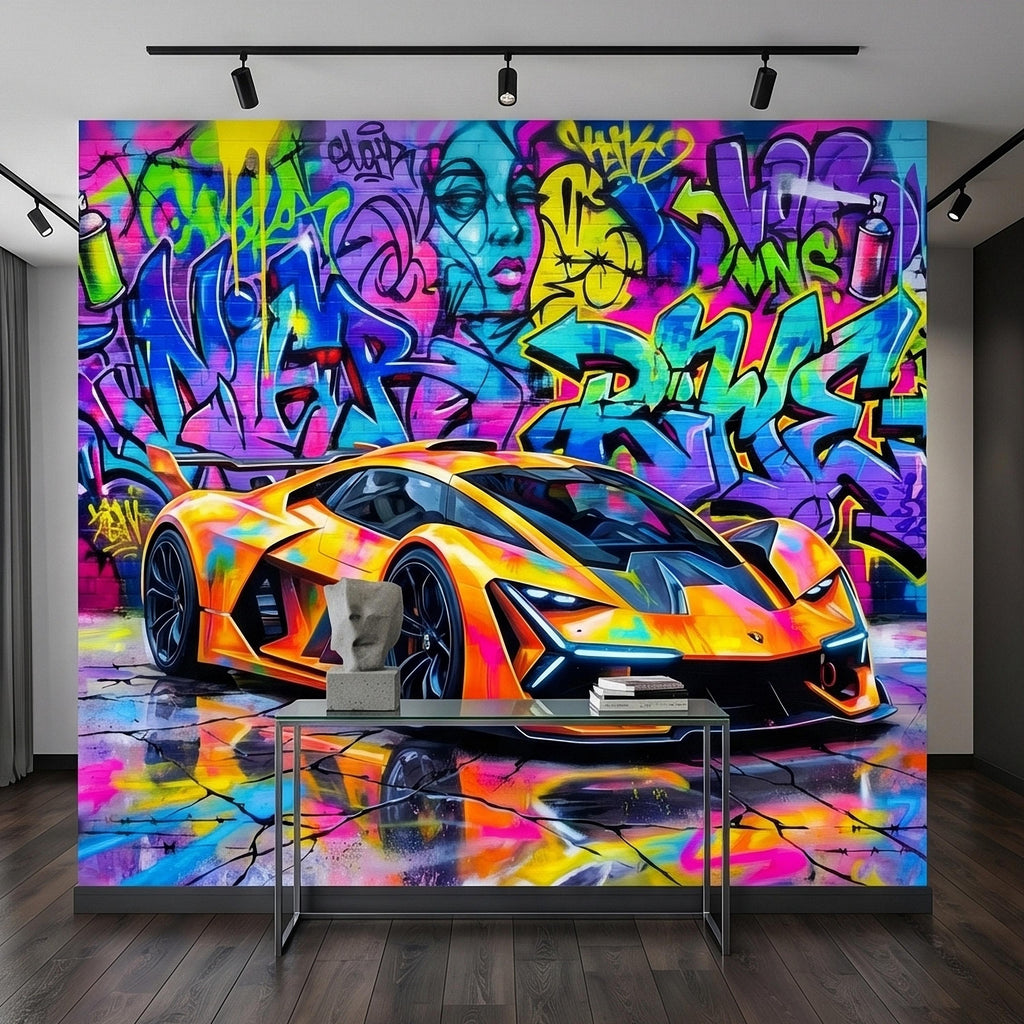Neon Graffiti Exotic Supercar Street Art Peel and Stick Wall Mural, Colorful Urban Sports Car Raceway Illustration, Bold Modern Wallpaper