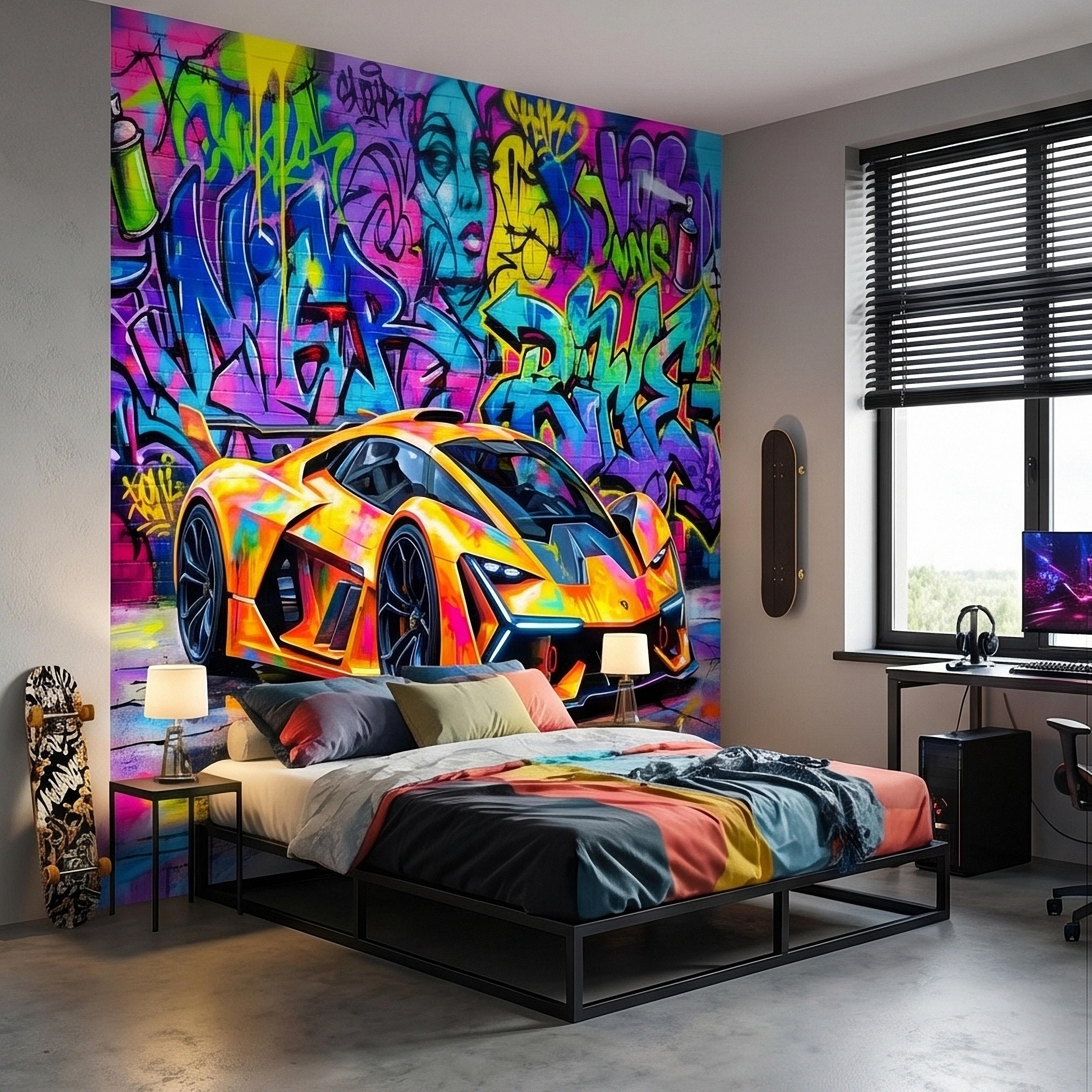 Neon Graffiti Exotic Supercar Street Art Peel and Stick Wall Mural, Colorful Urban Sports Car Raceway Illustration, Bold Modern Wallpaper
