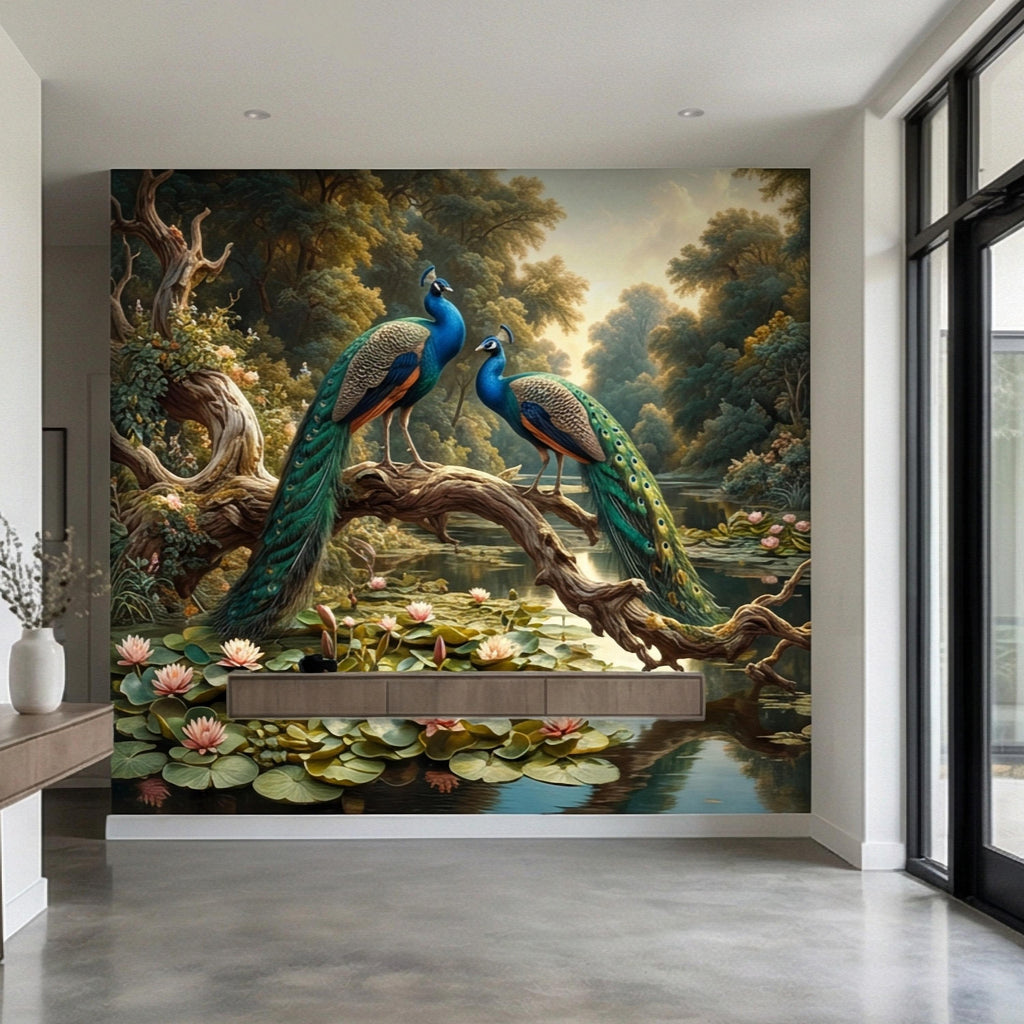 Peacock Peel and Stick Wall Mural, Romantic Pond Landscape, Luxury Bird and Water Lily Botanical Scenic Wallpaper