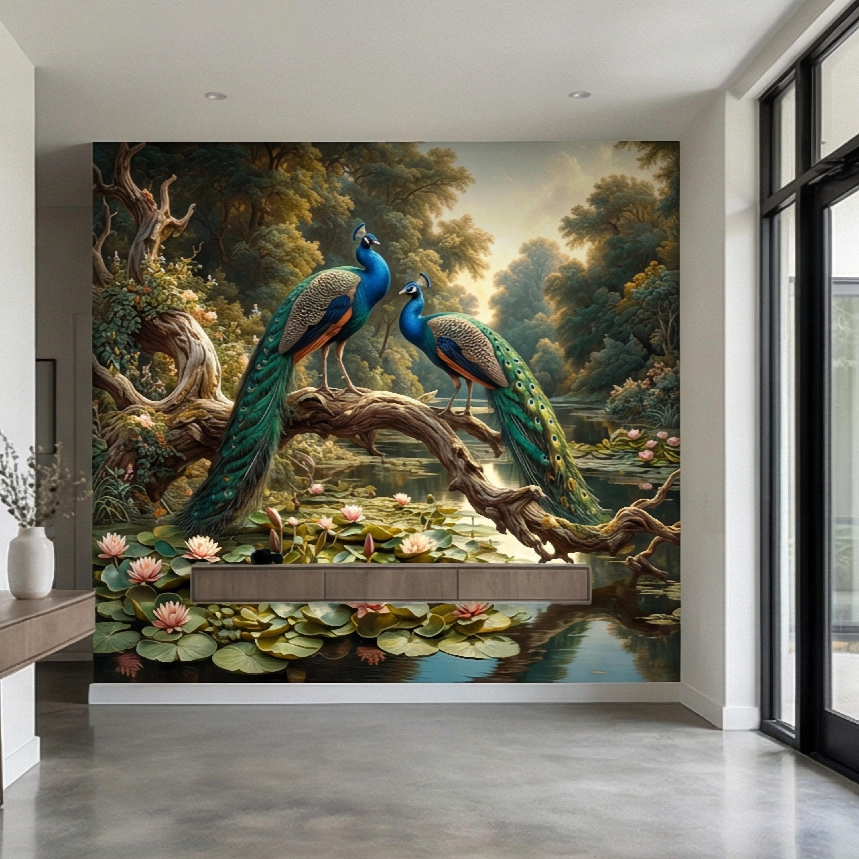 Peacock Peel and Stick Wall Mural, Romantic Pond Landscape, Luxury Bird and Water Lily Botanical Scenic Wallpaper