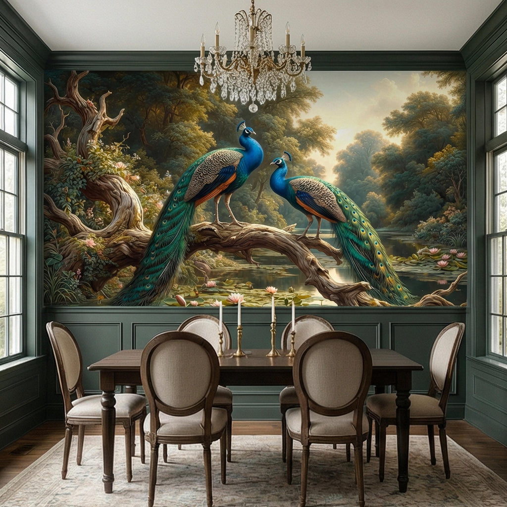Peacock Peel and Stick Wall Mural, Romantic Pond Landscape, Luxury Bird and Water Lily Botanical Scenic Wallpaper