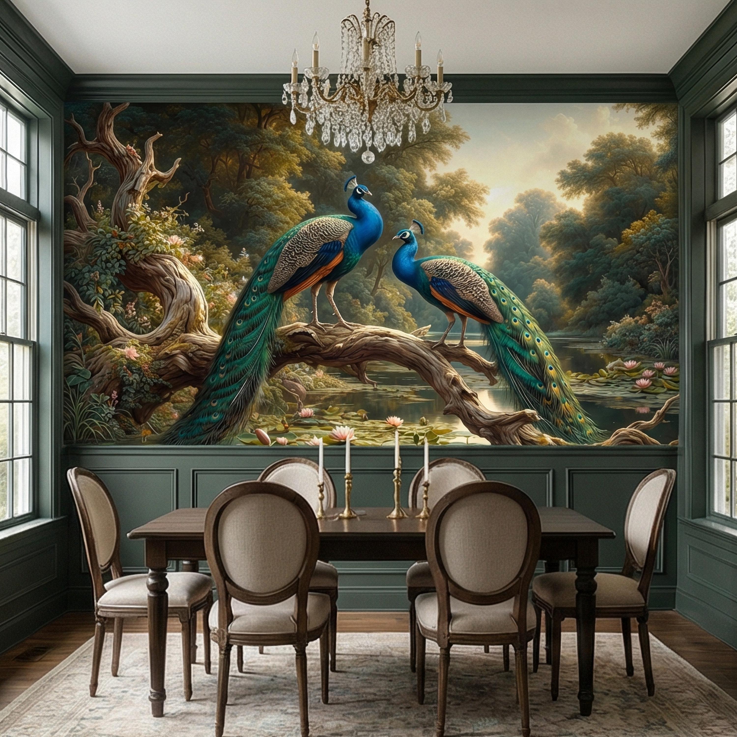 Peacock Peel and Stick Wall Mural, Romantic Pond Landscape, Luxury Bird and Water Lily Botanical Scenic Wallpaper