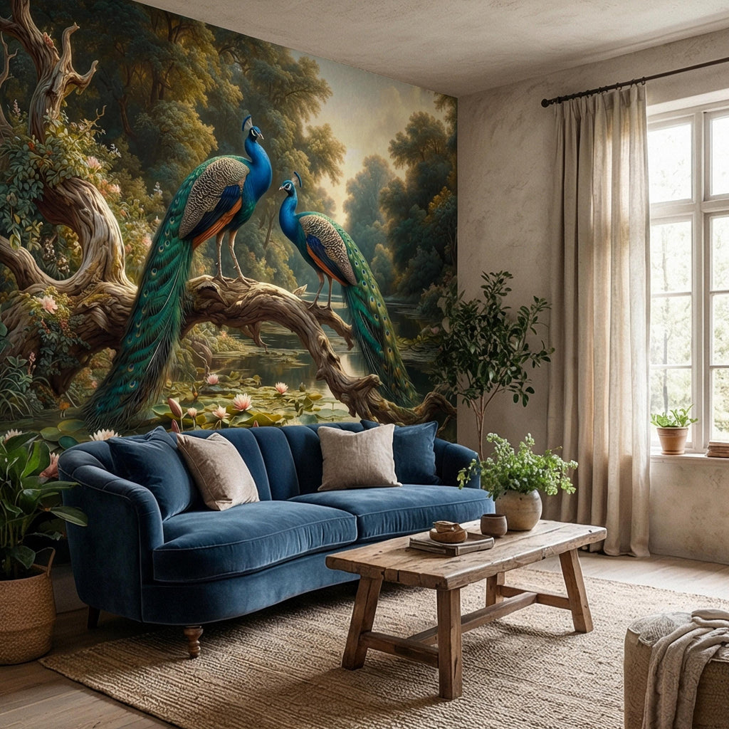 Peacock Peel and Stick Wall Mural, Romantic Pond Landscape, Luxury Bird and Water Lily Botanical Scenic Wallpaper