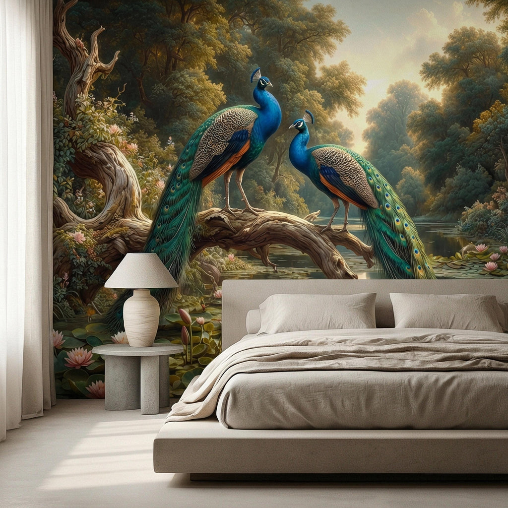 Peacock Peel and Stick Wall Mural, Romantic Pond Landscape, Luxury Bird and Water Lily Botanical Scenic Wallpaper
