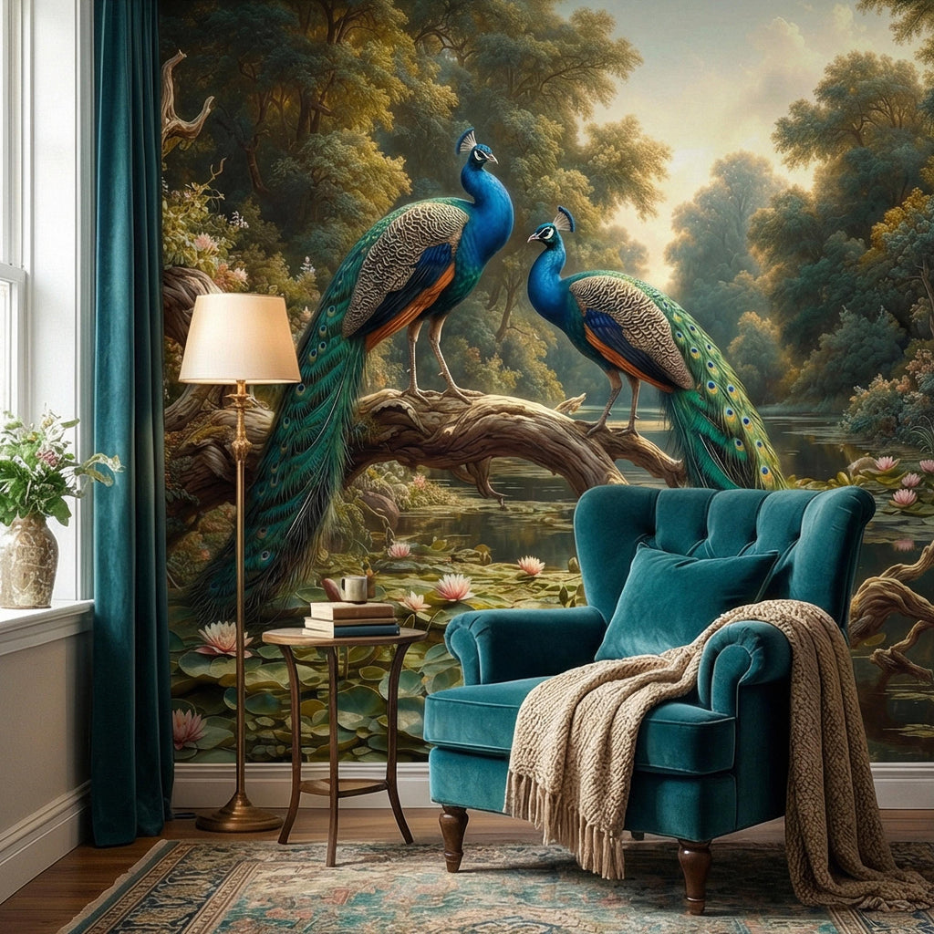 Peacock Peel and Stick Wall Mural, Romantic Pond Landscape, Luxury Bird and Water Lily Botanical Scenic Wallpaper