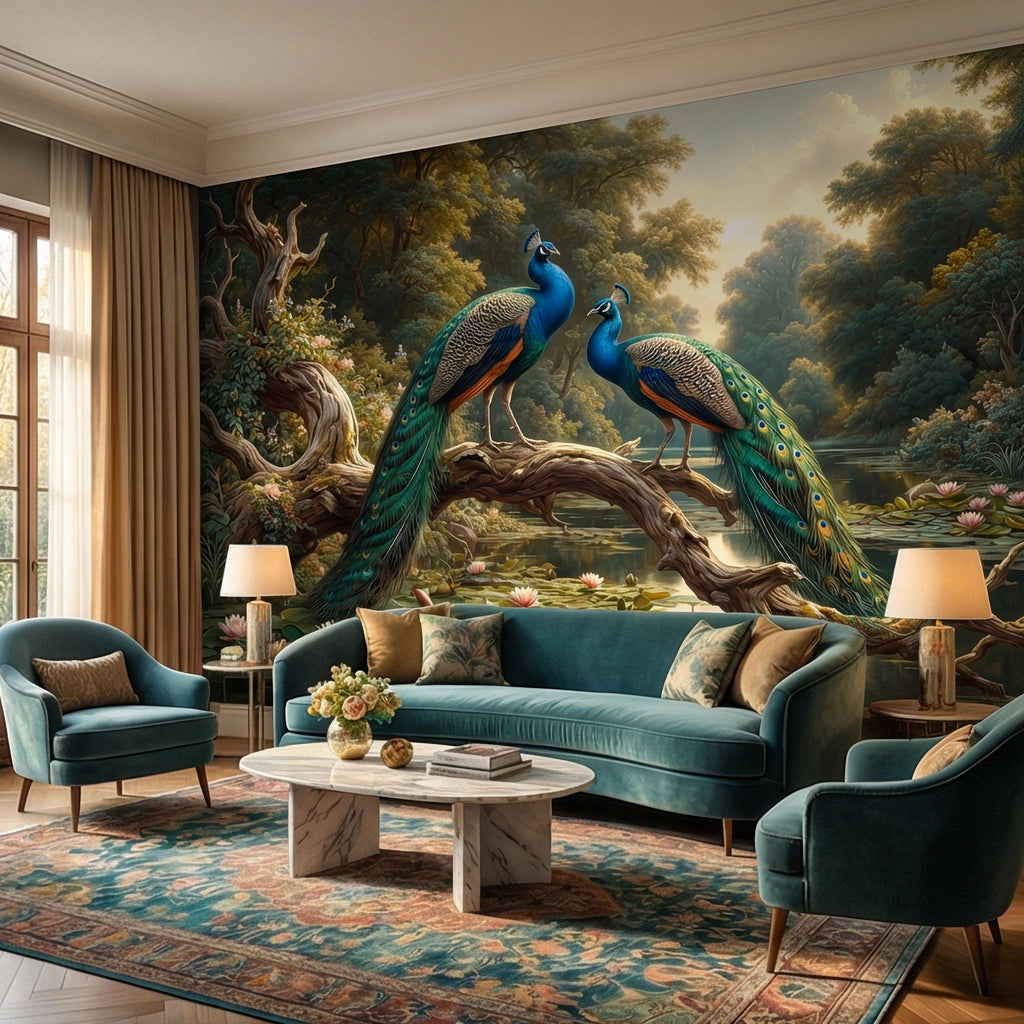 Peacock Peel and Stick Wall Mural, Romantic Pond Landscape, Luxury Bird and Water Lily Botanical Scenic Wallpaper