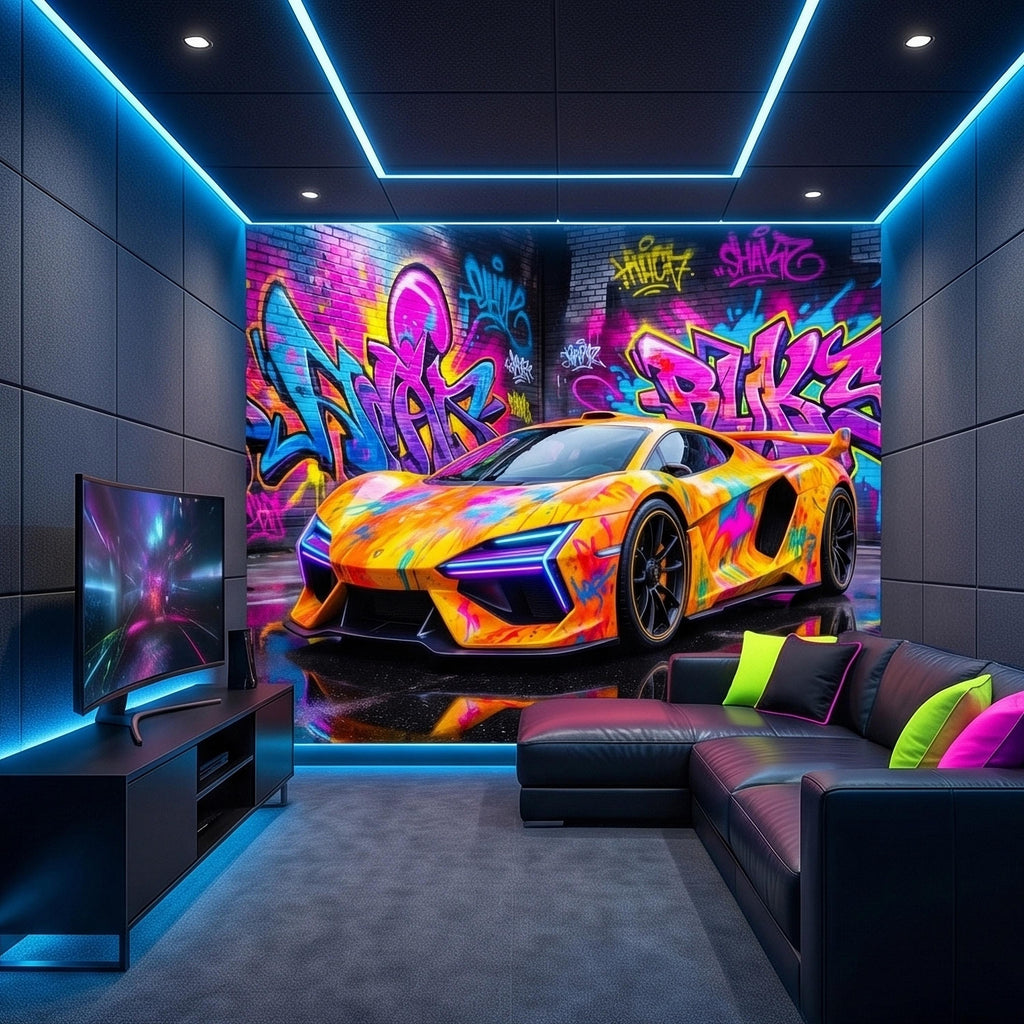 Neon Graffiti Exotic Supercar Street Art Peel and Stick Wall Mural, Colorful Urban Sports Car Raceway Illustration, Bold Modern Wallpaper