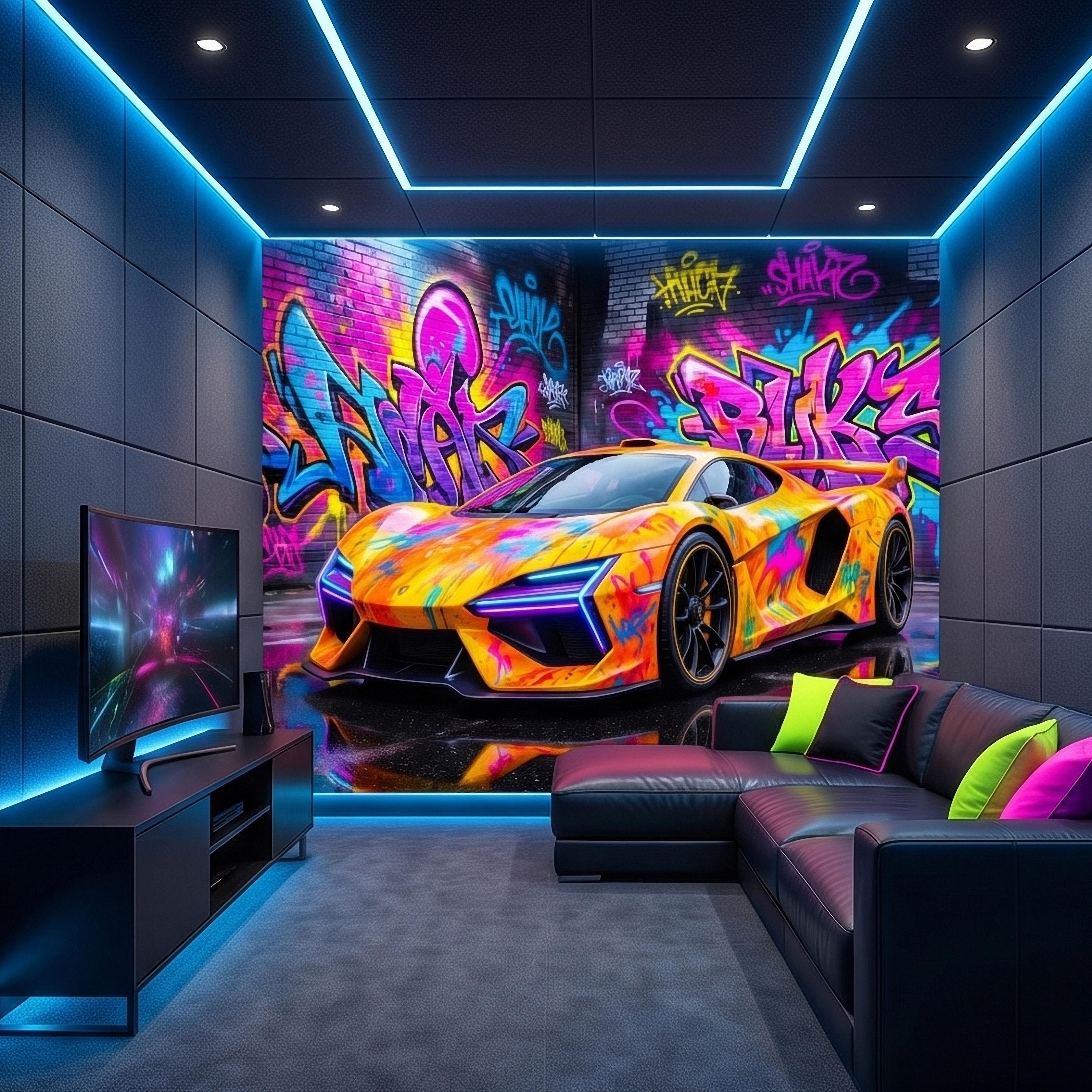 Neon Graffiti Exotic Supercar Street Art Peel and Stick Wall Mural, Colorful Urban Sports Car Raceway Illustration, Bold Modern Wallpaper