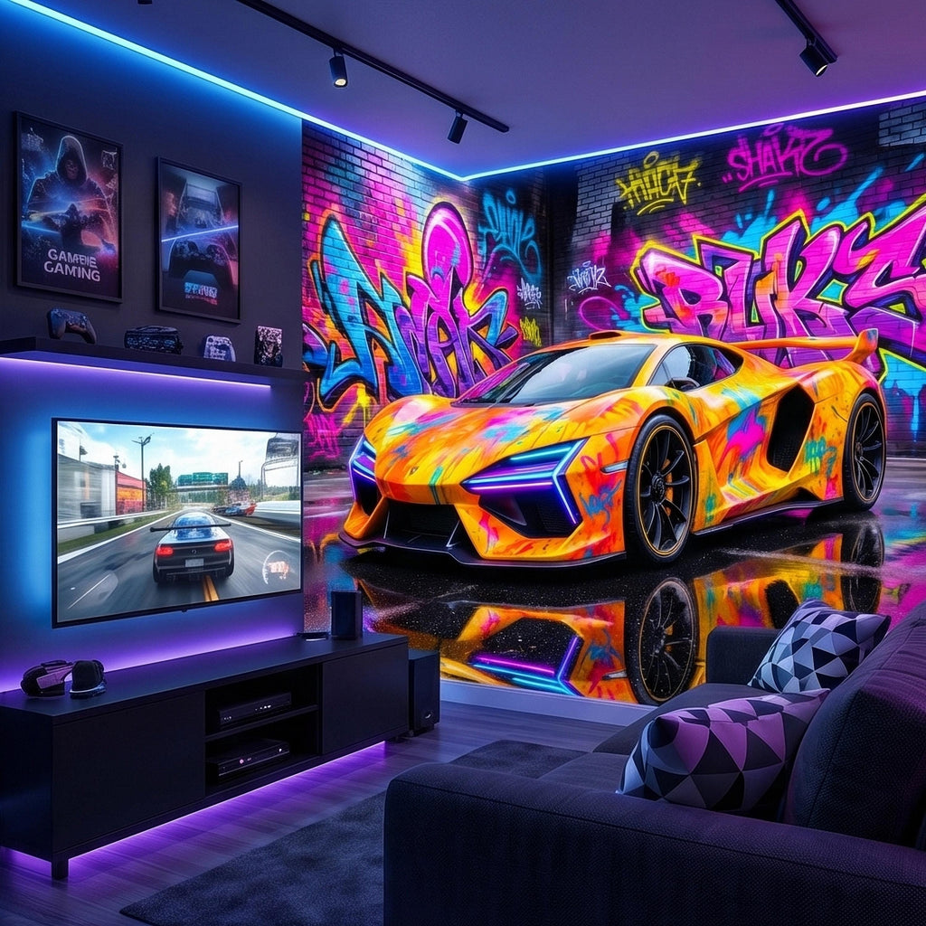 Neon Graffiti Exotic Supercar Street Art Peel and Stick Wall Mural, Colorful Urban Sports Car Raceway Illustration, Bold Modern Wallpaper