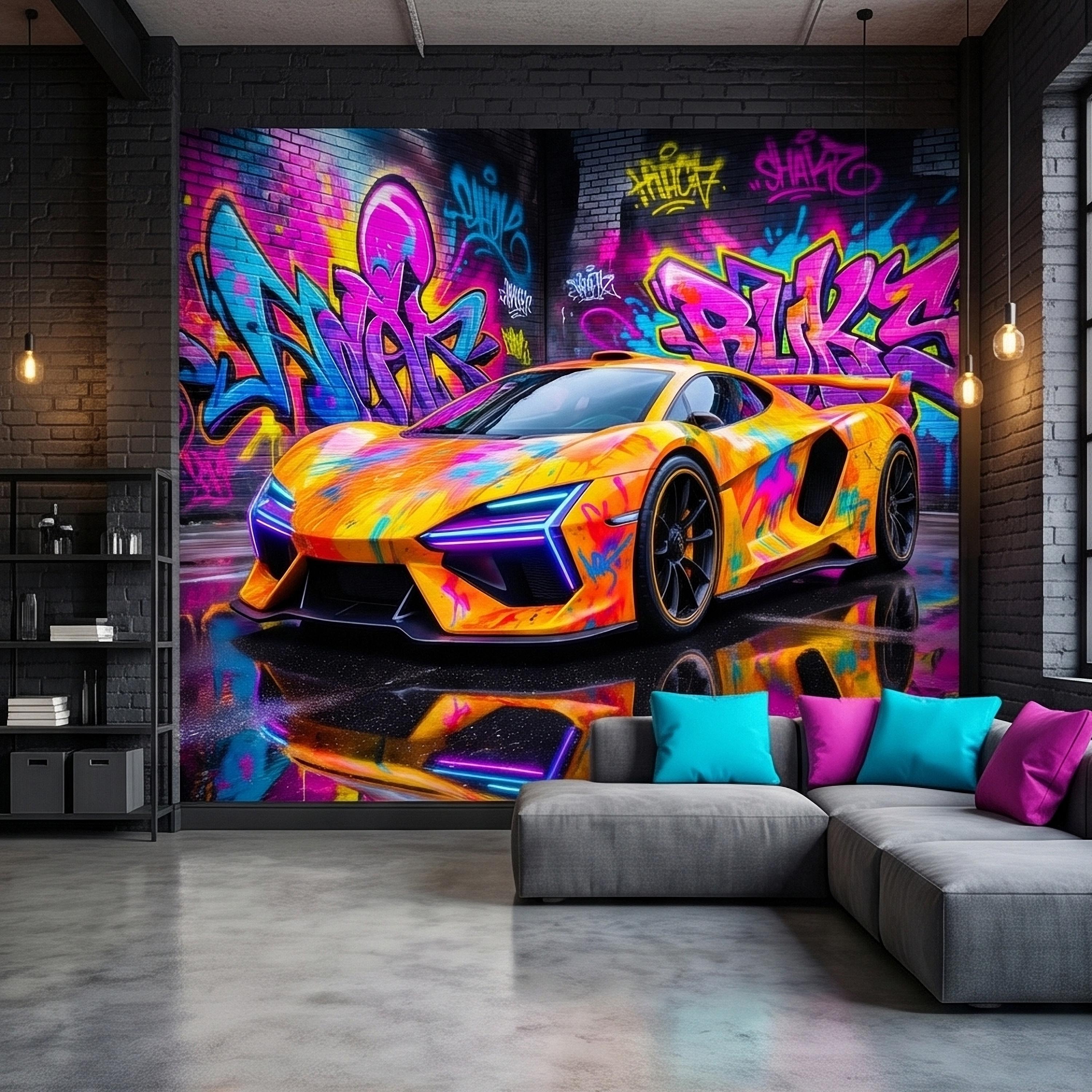 Neon Graffiti Exotic Supercar Street Art Peel and Stick Wall Mural, Colorful Urban Sports Car Raceway Illustration, Bold Modern Wallpaper