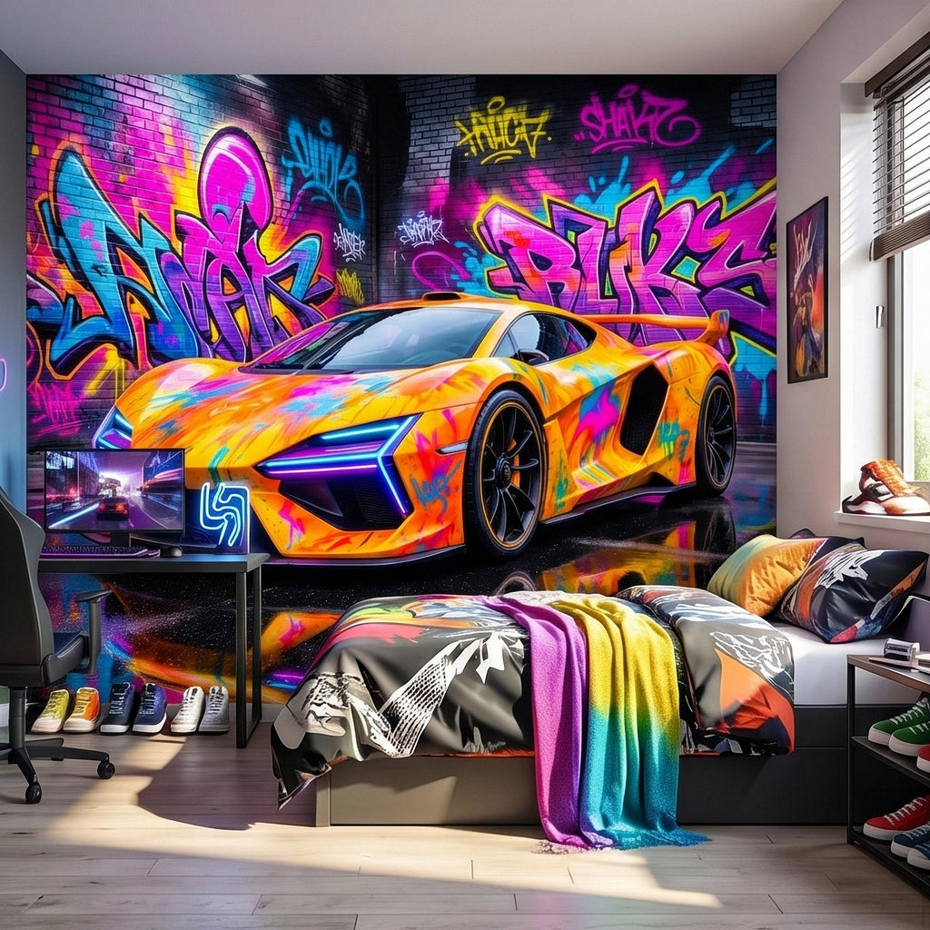 Neon Graffiti Exotic Supercar Street Art Peel and Stick Wall Mural, Colorful Urban Sports Car Raceway Illustration, Bold Modern Wallpaper