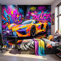 Neon Graffiti Exotic Supercar Street Art Peel and Stick Wall Mural, Colorful Urban Sports Car Raceway Illustration, Bold Modern Wallpaper