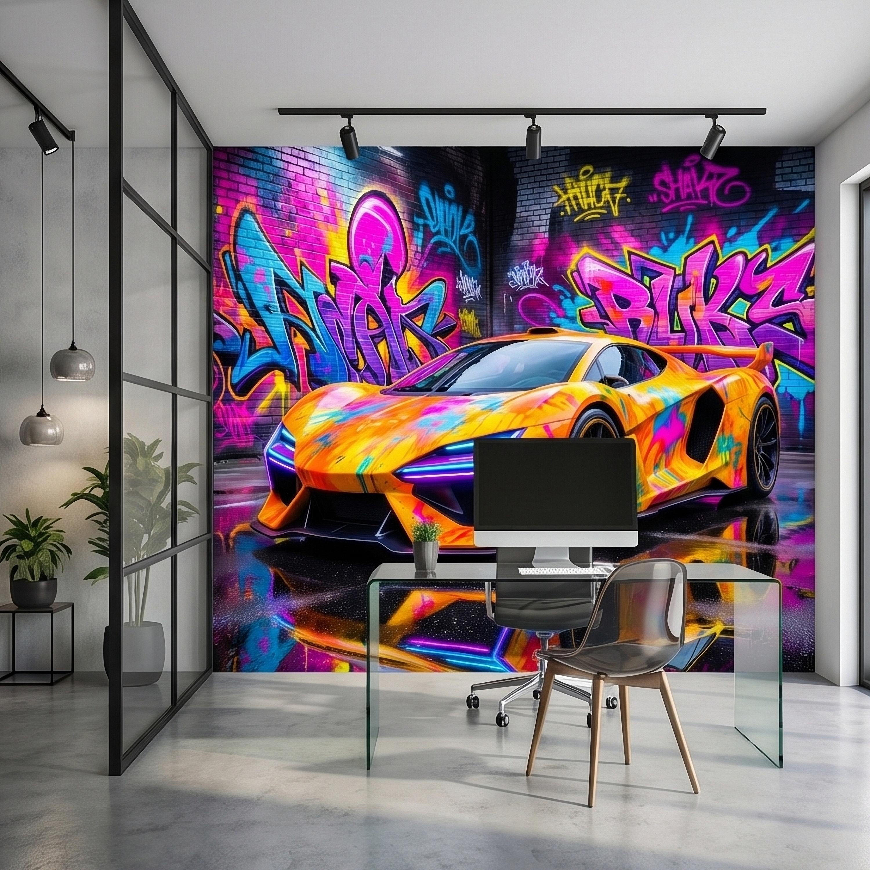 Neon Graffiti Exotic Supercar Street Art Peel and Stick Wall Mural, Colorful Urban Sports Car Raceway Illustration, Bold Modern Wallpaper