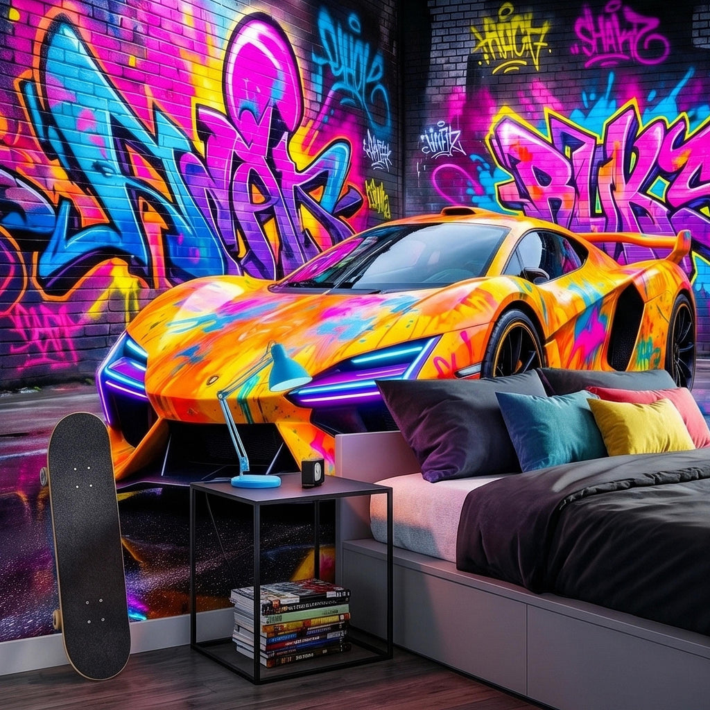 Neon Graffiti Exotic Supercar Street Art Peel and Stick Wall Mural, Colorful Urban Sports Car Raceway Illustration, Bold Modern Wallpaper