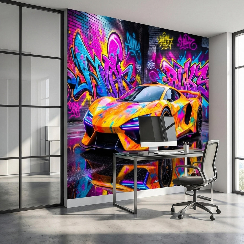 Neon Graffiti Exotic Supercar Street Art Peel and Stick Wall Mural, Colorful Urban Sports Car Raceway Illustration, Bold Modern Wallpaper