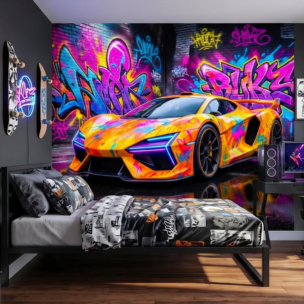 Neon Graffiti Exotic Supercar Street Art Peel and Stick Wall Mural, Colorful Urban Sports Car Raceway Illustration, Bold Modern Wallpaper
