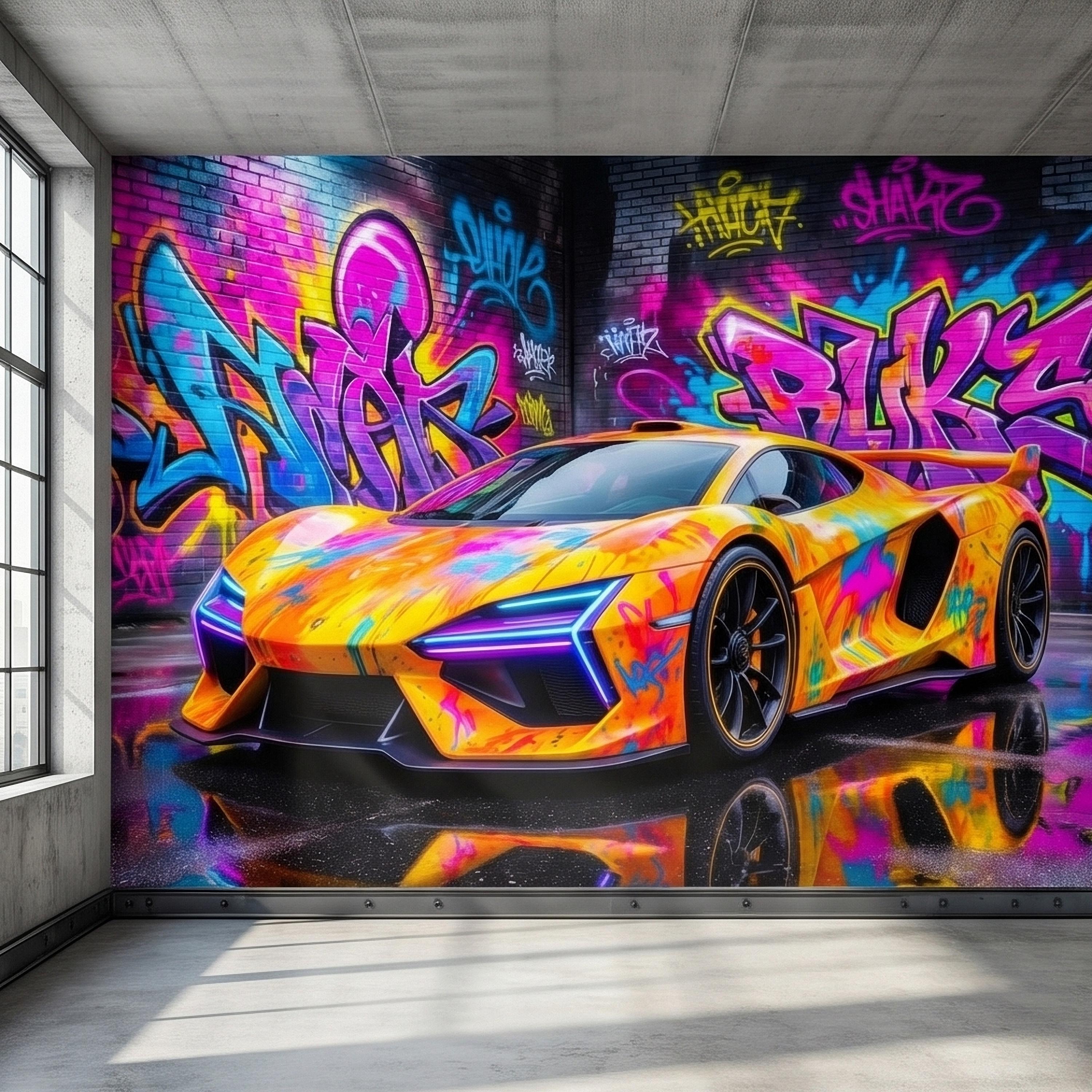 Neon Graffiti Exotic Supercar Street Art Peel and Stick Wall Mural, Colorful Urban Sports Car Raceway Illustration, Bold Modern Wallpaper