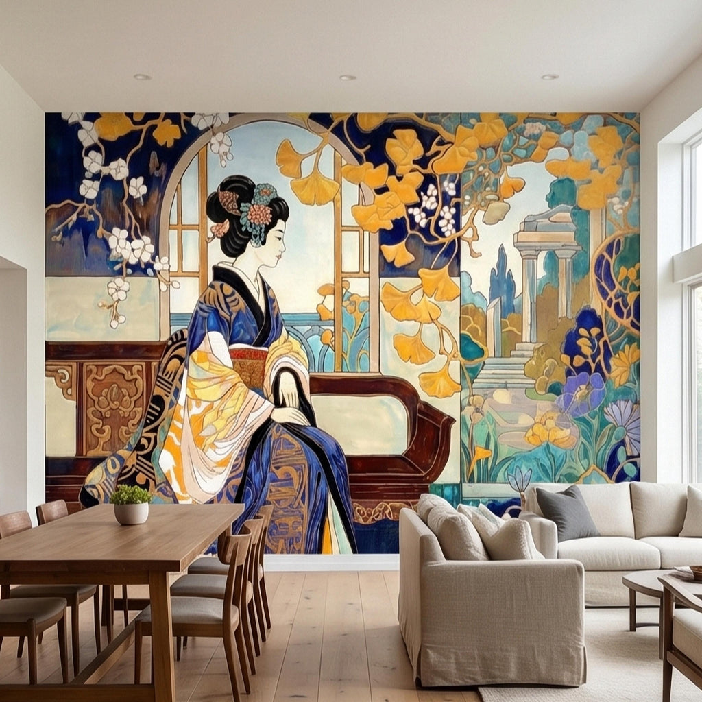 Japanese Geisha Kimono Art Nouveau Peel and Stick Wall Mural, Blue Amber Ginkgo Blossom Vintage Elegant Asian Garden Floral Wallpaper