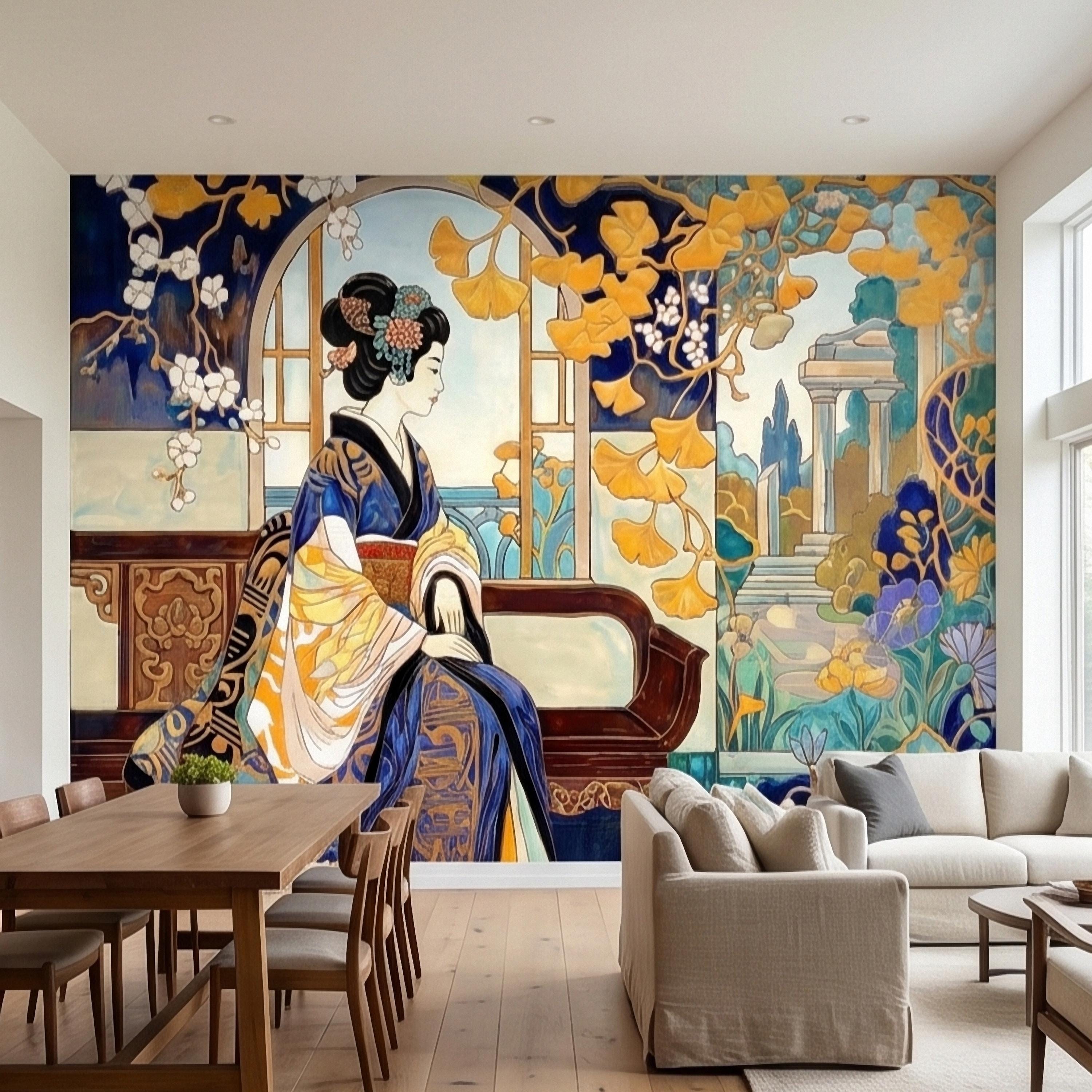 Japanese Geisha Kimono Art Nouveau Peel and Stick Wall Mural, Blue Amber Ginkgo Blossom Vintage Elegant Asian Garden Floral Wallpaper