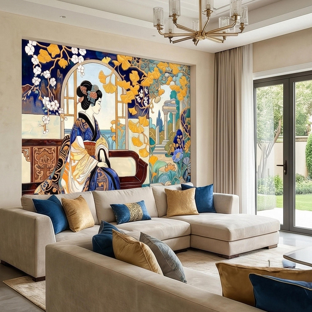 Japanese Geisha Kimono Art Nouveau Peel and Stick Wall Mural, Blue Amber Ginkgo Blossom Vintage Elegant Asian Garden Floral Wallpaper