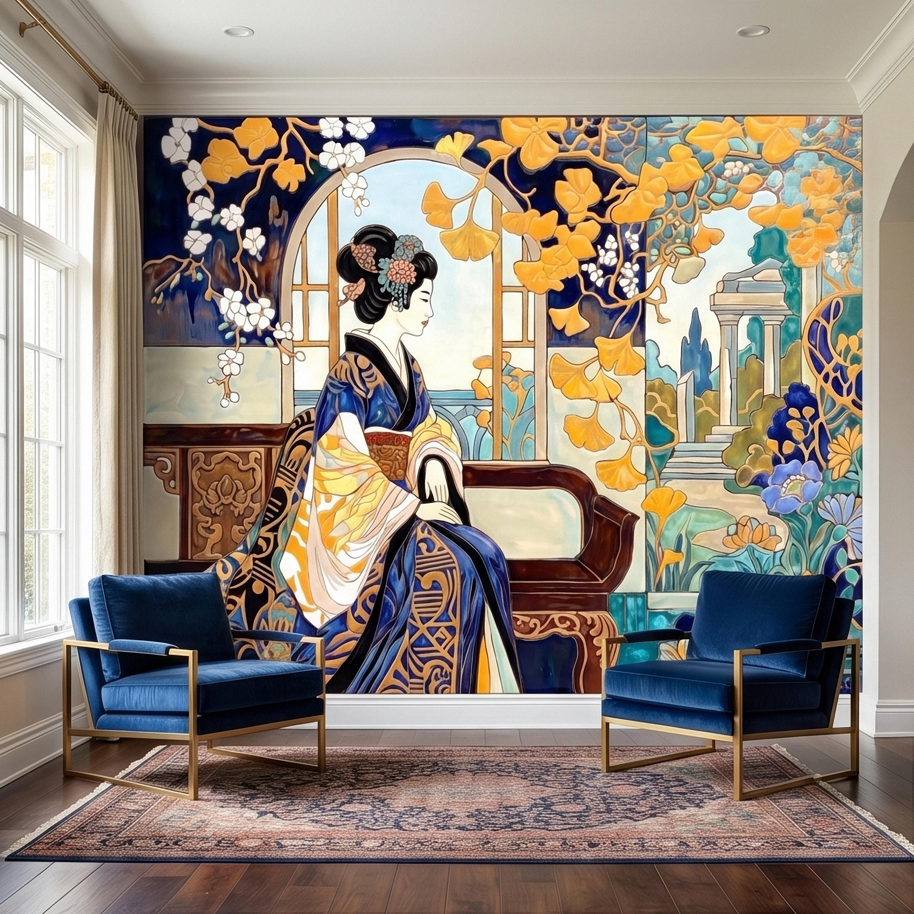 Japanese Geisha Kimono Art Nouveau Peel and Stick Wall Mural, Blue Amber Ginkgo Blossom Vintage Elegant Asian Garden Floral Wallpaper