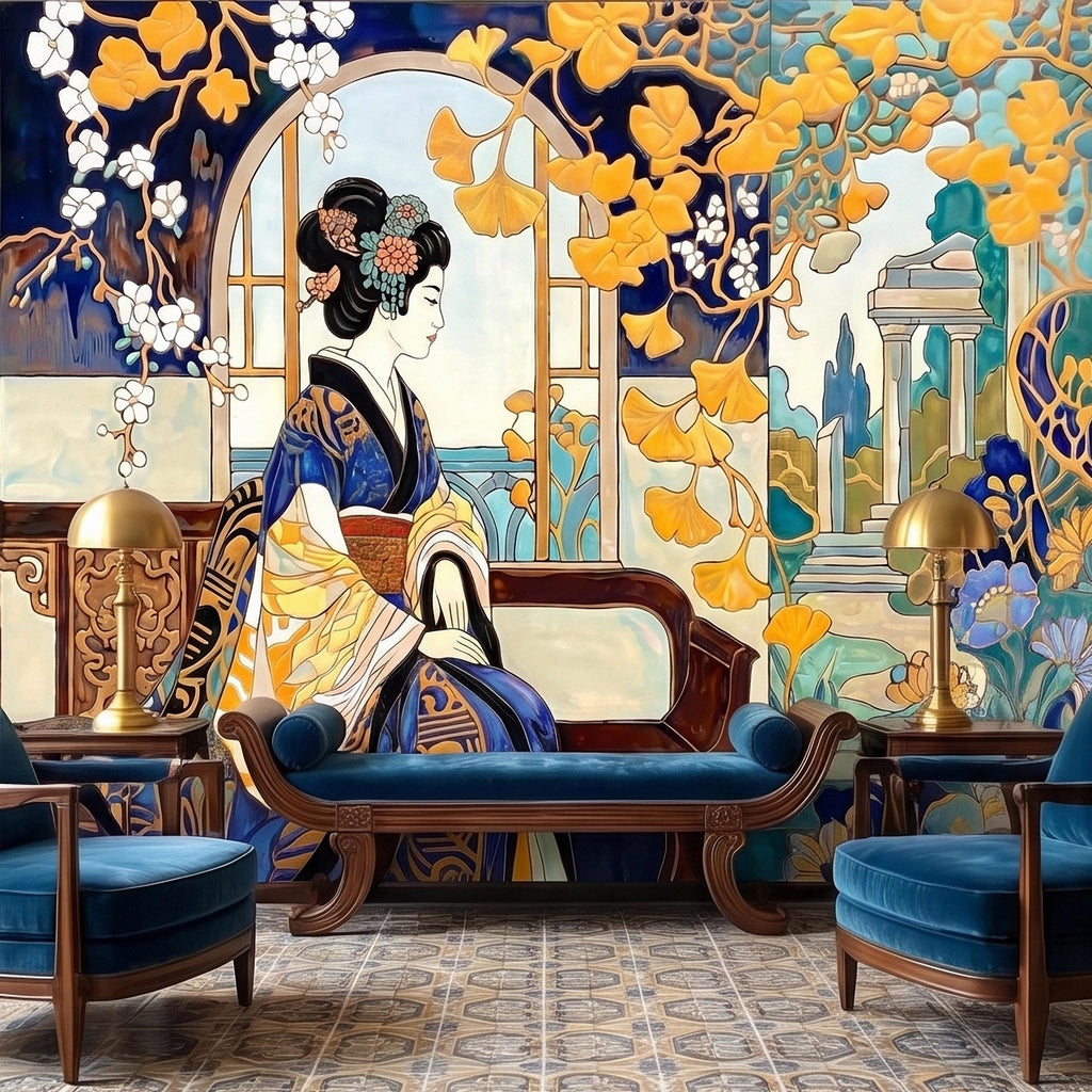 Japanese Geisha Kimono Art Nouveau Peel and Stick Wall Mural, Blue Amber Ginkgo Blossom Vintage Elegant Asian Garden Floral Wallpaper