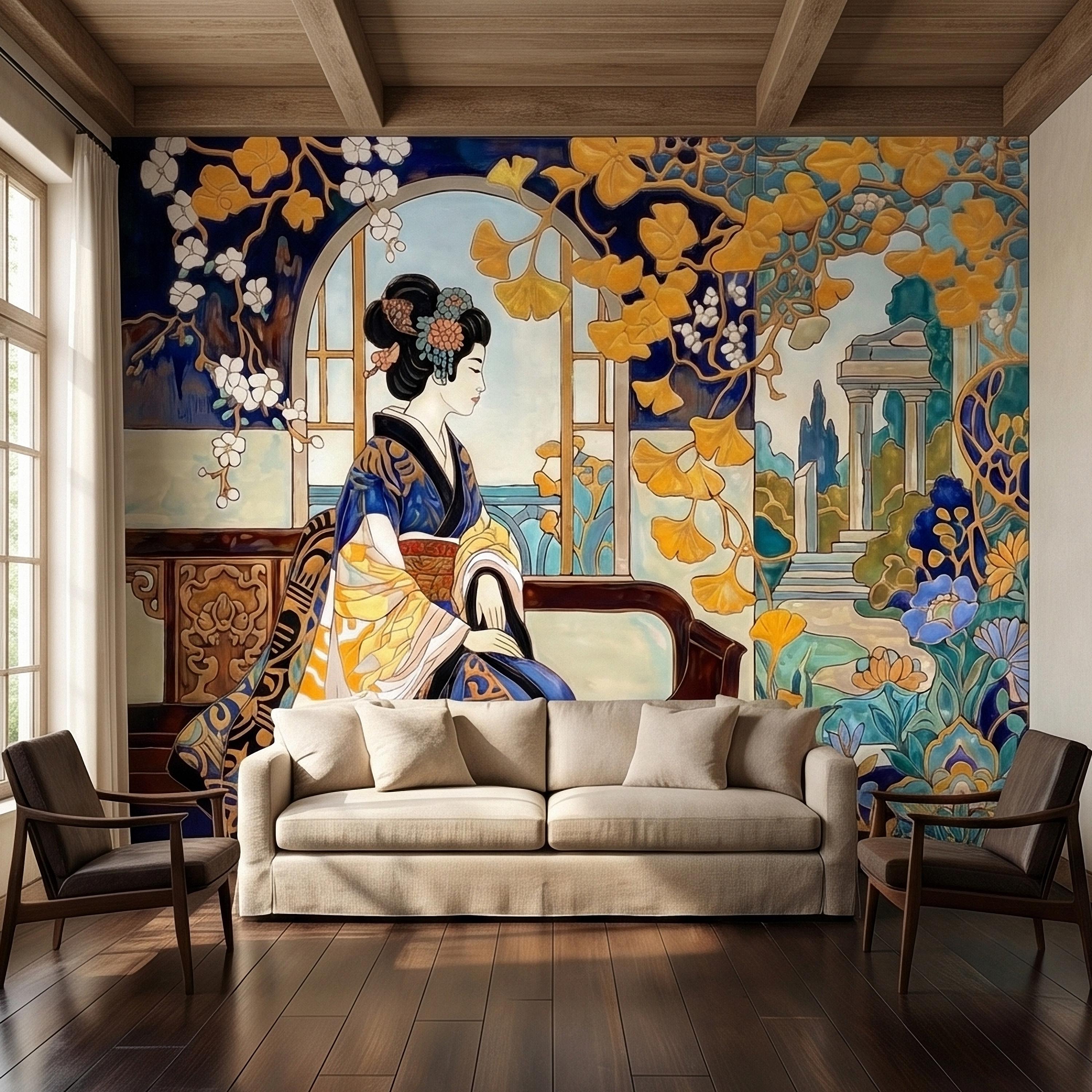 Japanese Geisha Kimono Art Nouveau Peel and Stick Wall Mural, Blue Amber Ginkgo Blossom Vintage Elegant Asian Garden Floral Wallpaper