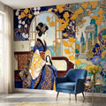 Japanese Geisha Kimono Art Nouveau Peel and Stick Wall Mural, Blue Amber Ginkgo Blossom Vintage Elegant Asian Garden Floral Wallpaper
