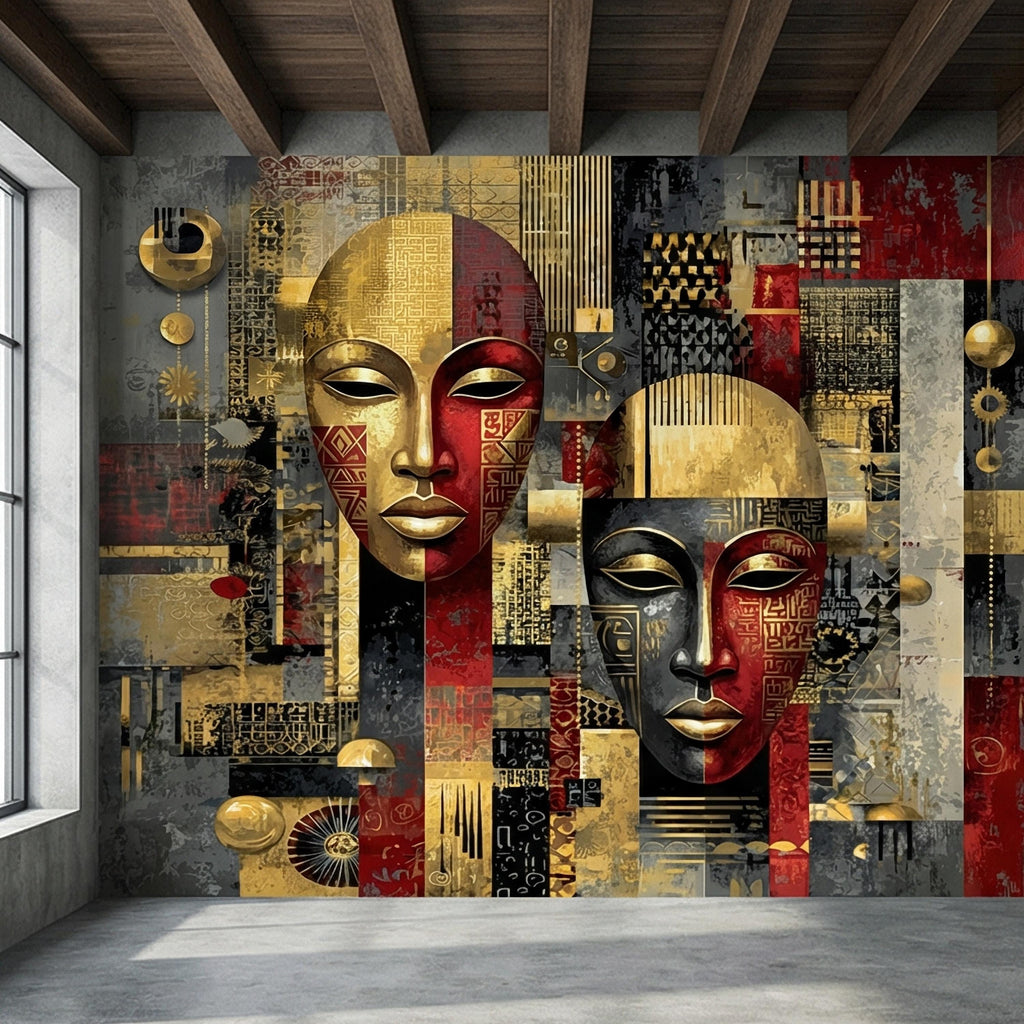 Tribal Mask Peel and Stick Wall Mural, Bold Abstract, Ethnic Geometric, Modern Cultural Statement Wallpaper