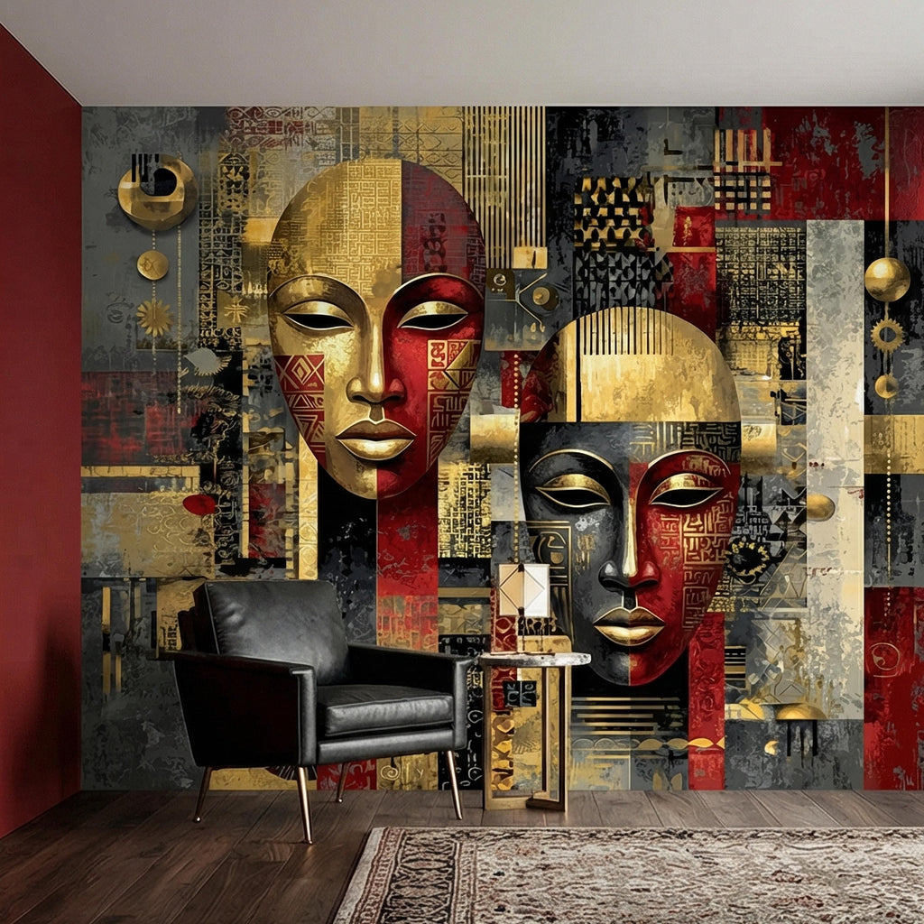 Tribal Mask Peel and Stick Wall Mural, Bold Abstract, Ethnic Geometric, Modern Cultural Statement Wallpaper