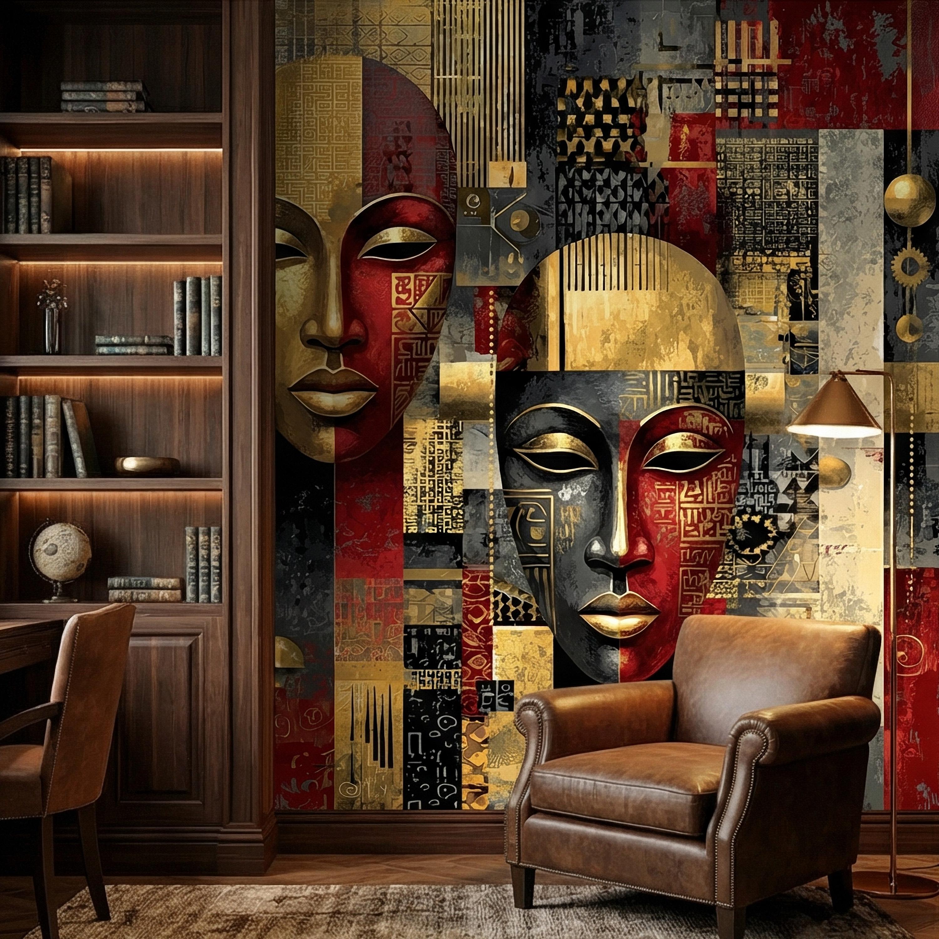 Tribal Mask Peel and Stick Wall Mural, Bold Abstract, Ethnic Geometric, Modern Cultural Statement Wallpaper