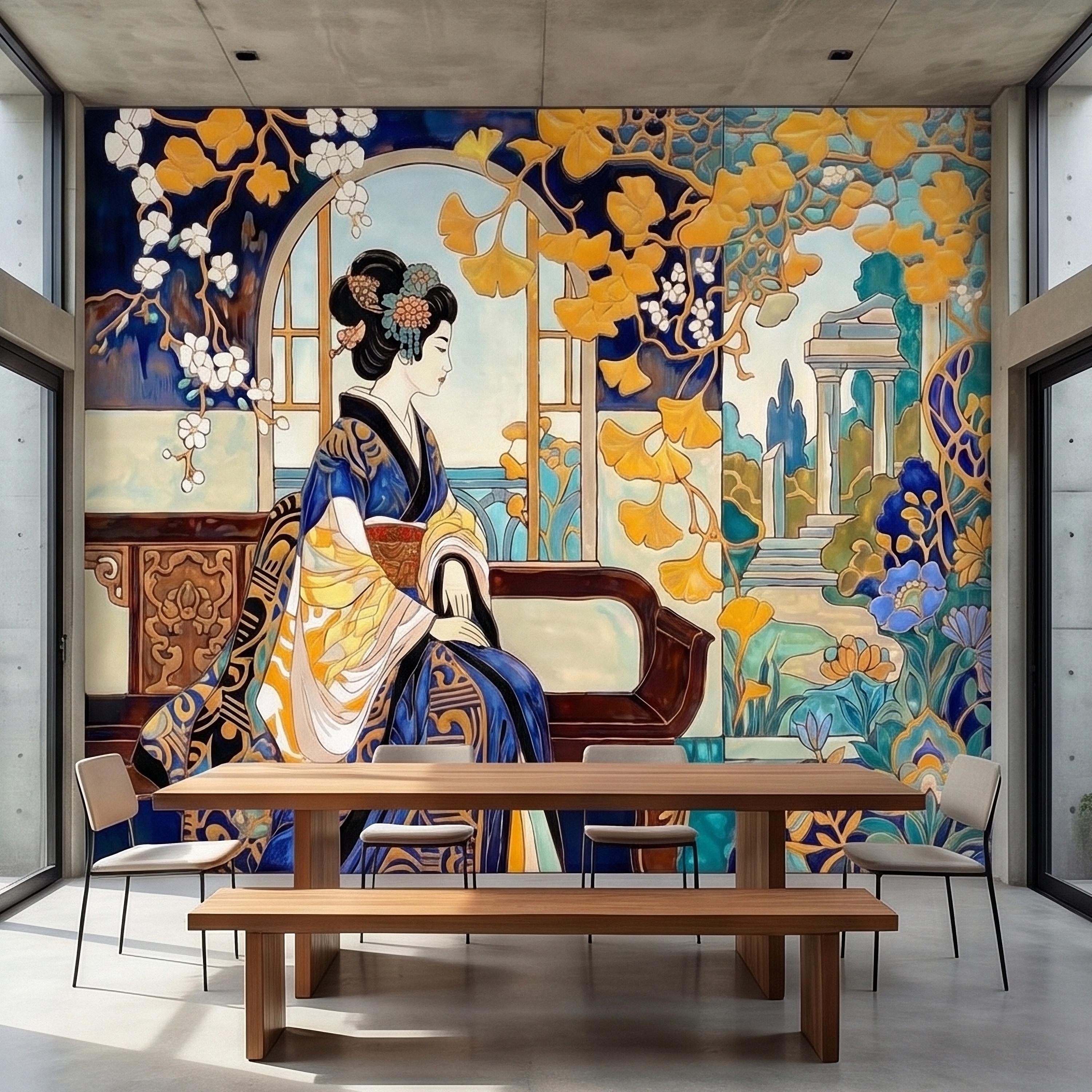 Japanese Geisha Kimono Art Nouveau Peel and Stick Wall Mural, Blue Amber Ginkgo Blossom Vintage Elegant Asian Garden Floral Wallpaper