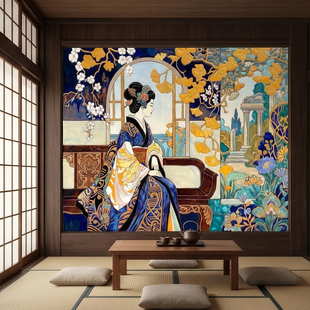 Japanese Geisha Kimono Art Nouveau Peel and Stick Wall Mural, Blue Amber Ginkgo Blossom Vintage Elegant Asian Garden Floral Wallpaper