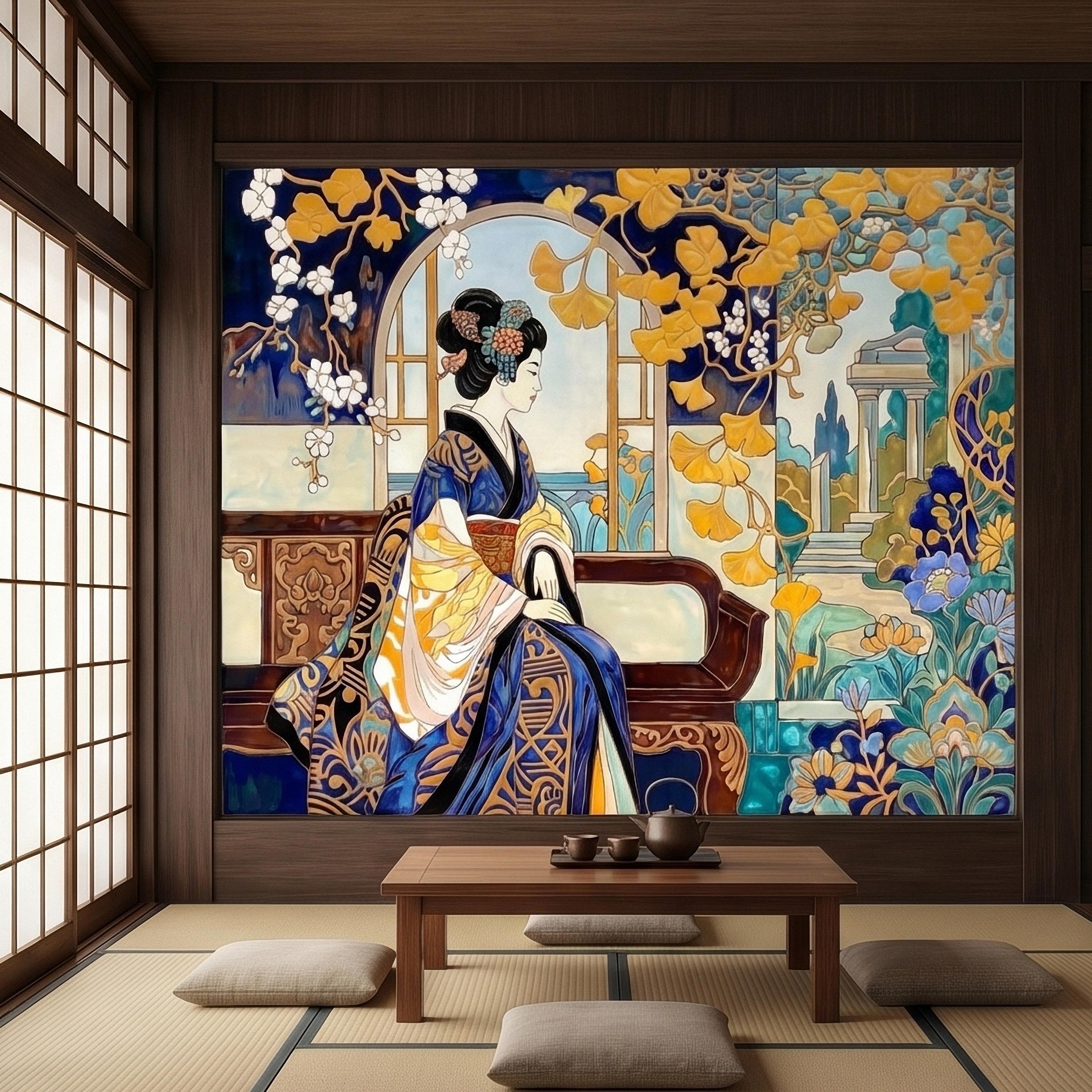 Japanese Geisha Kimono Art Nouveau Peel and Stick Wall Mural, Blue Amber Ginkgo Blossom Vintage Elegant Asian Garden Floral Wallpaper
