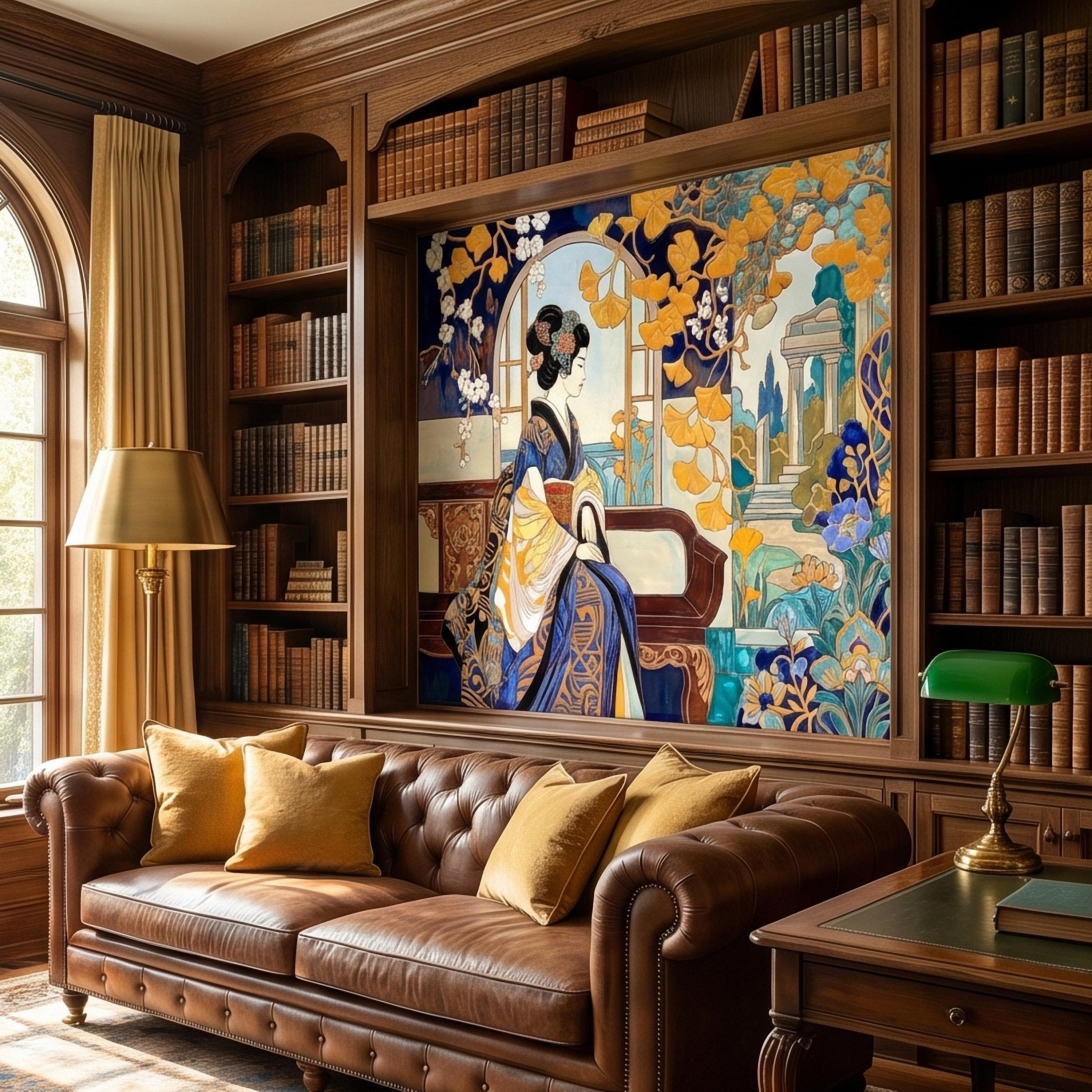 Japanese Geisha Kimono Art Nouveau Peel and Stick Wall Mural, Blue Amber Ginkgo Blossom Vintage Elegant Asian Garden Floral Wallpaper