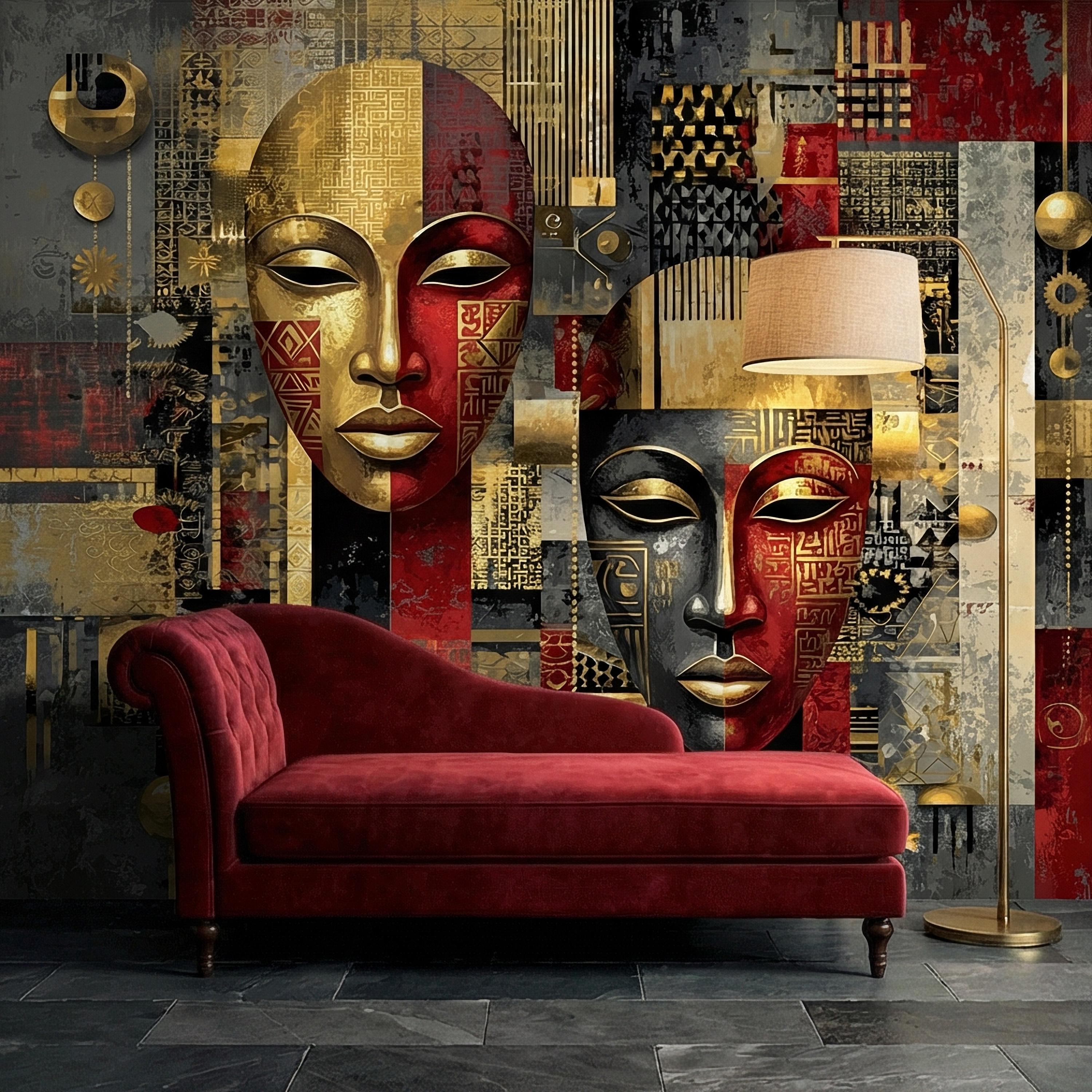 Tribal Mask Peel and Stick Wall Mural, Bold Abstract, Ethnic Geometric, Modern Cultural Statement Wallpaper