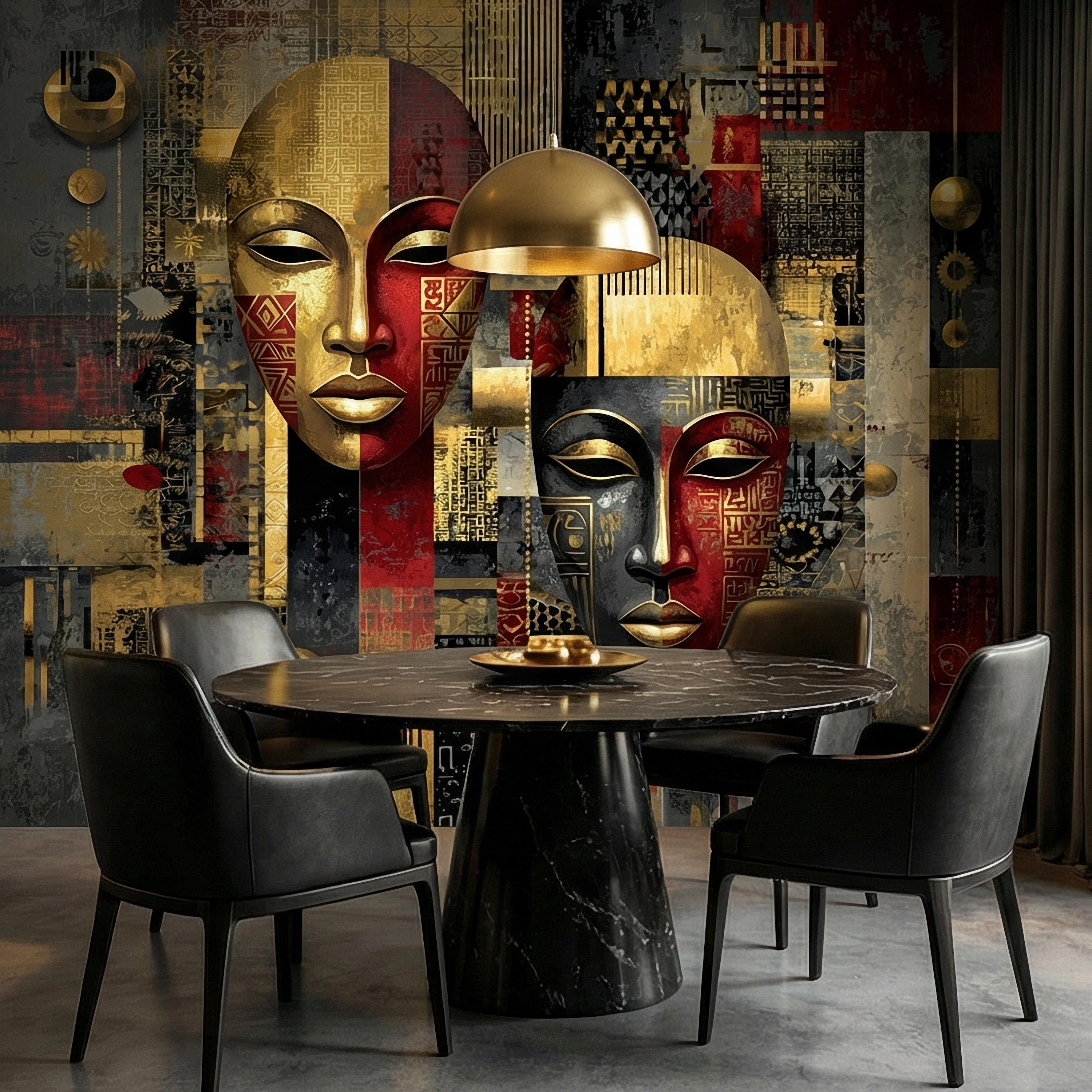 Tribal Mask Peel and Stick Wall Mural, Bold Abstract, Ethnic Geometric, Modern Cultural Statement Wallpaper