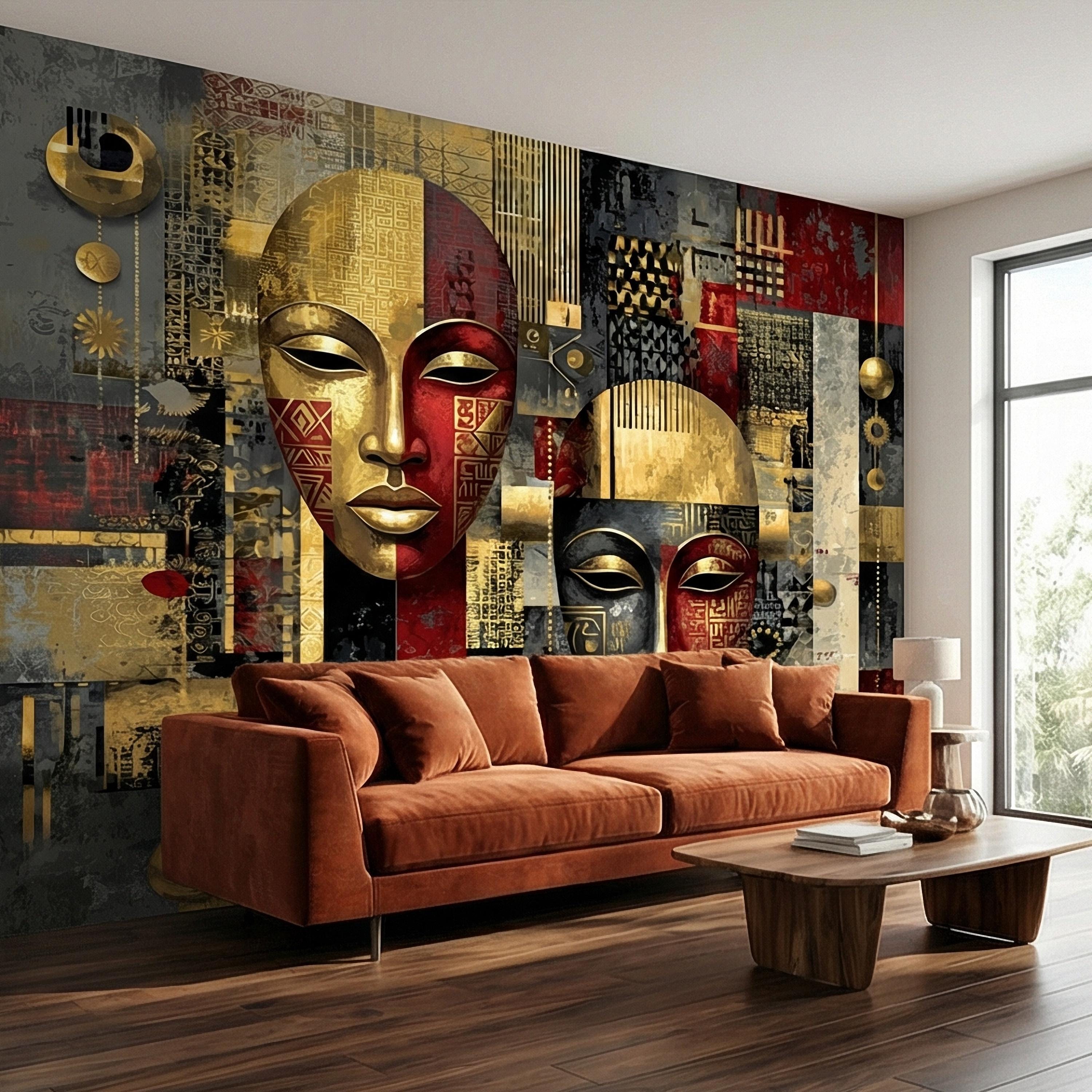 Tribal Mask Peel and Stick Wall Mural, Bold Abstract, Ethnic Geometric, Modern Cultural Statement Wallpaper